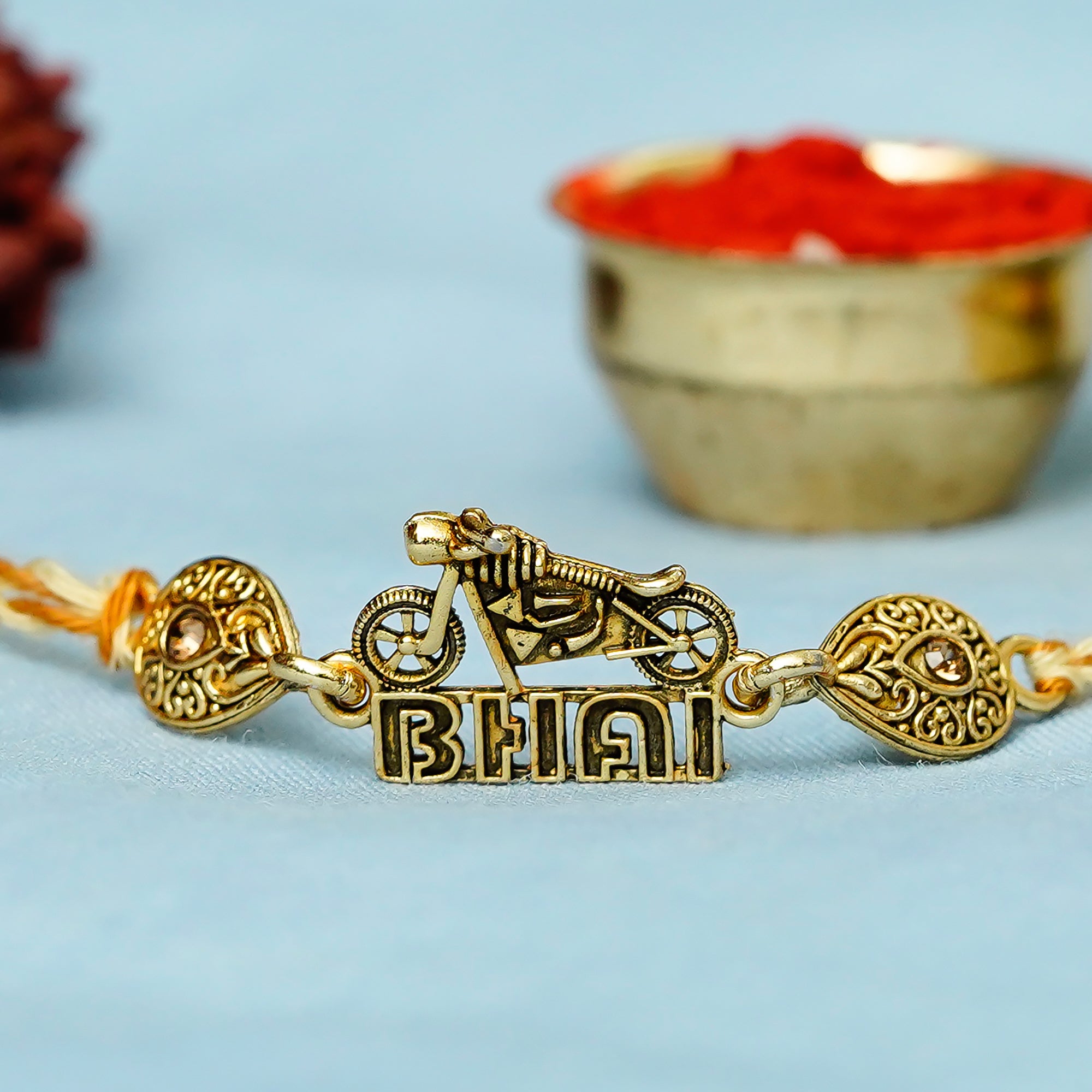 Designer Bike Bhai Rakhi with Lord Ganesha Idol on Decorative Plate for Car & Home and Roli Chawal Pack 1