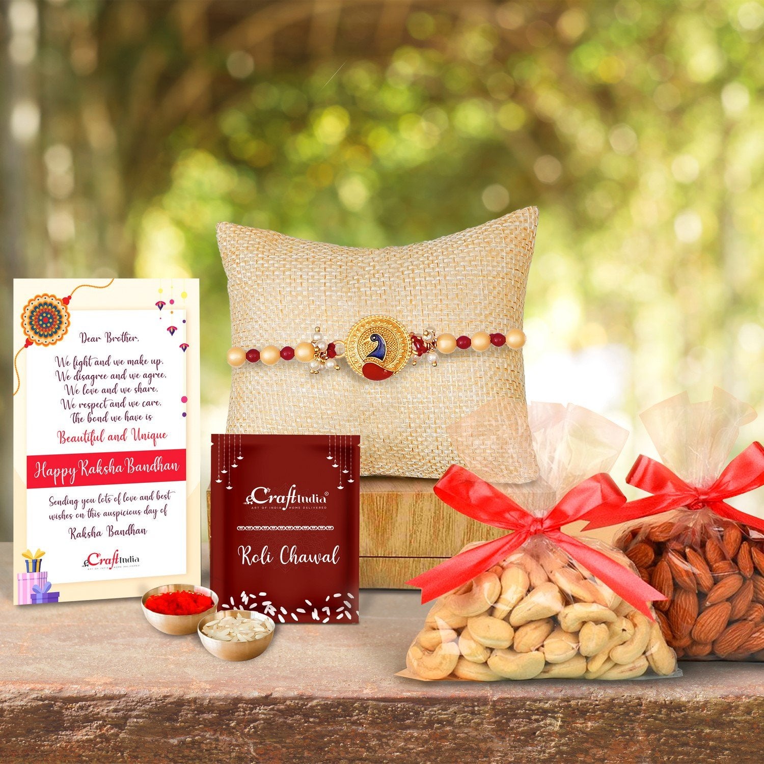 Designer Peacock Rakhi with Badam and Cashew (200 gm each, total 400 gm) and Roli Chawal Pack, Best Wishes Greeting Card
