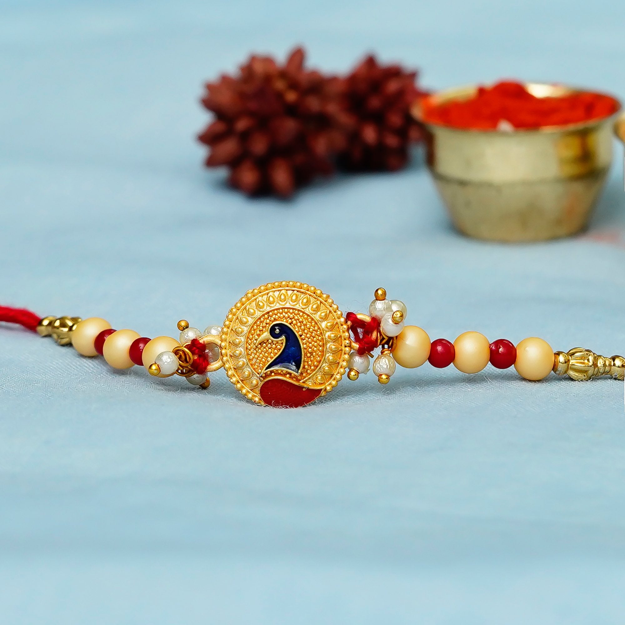 Designer Peacock Rakhi with Best Brother Trophy and Roli Chawal Pack 1