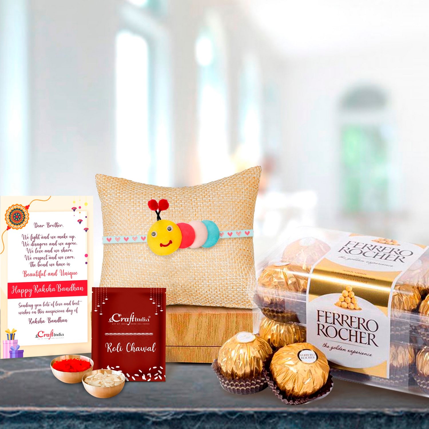 Kids Caterpillar Rakhi with Ferrero Rocher (16 pcs) and Roli Chawal Pack, Best Wishes Greeting Card