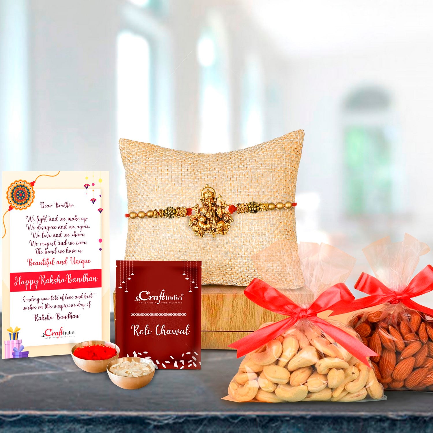Designer Ganesha Rakhi with Badam and Cashew (200 gm each, total 400 gm) and Roli Chawal Pack, Best Wishes Greeting Card