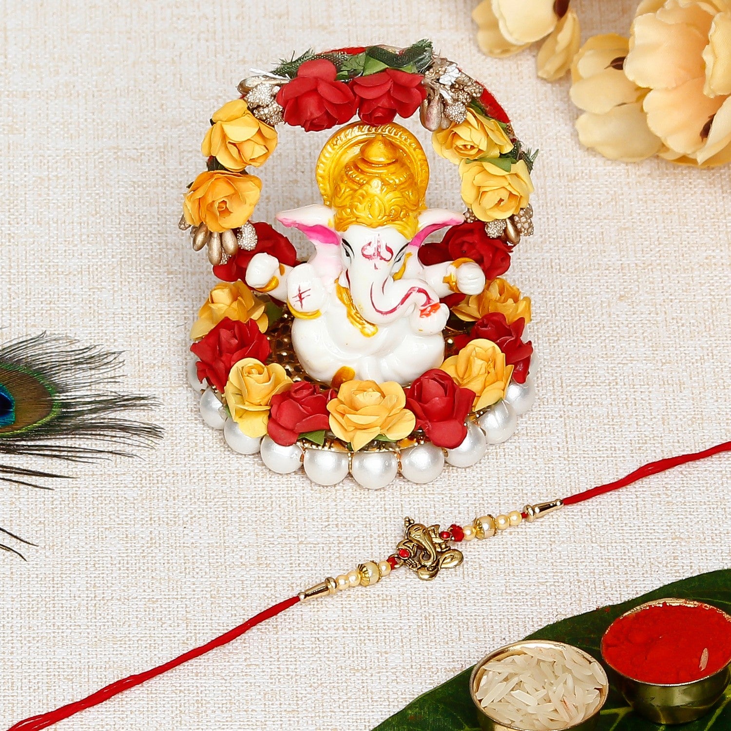 Designer Ganesha Rakhi with Lord Ganesha Idol on Decorative Plate for Car & Home and Roli Chawal Pack