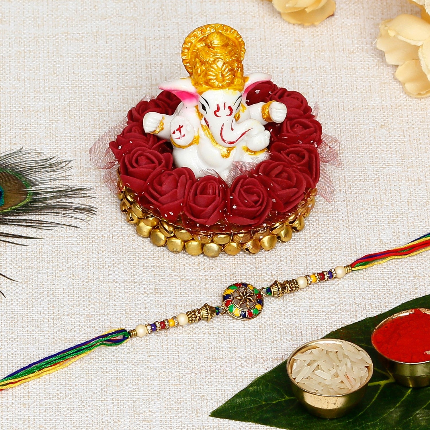 Designer Rakhi with Lord Ganesha Idol on Decorative Plate for Car & Home and Roli Chawal Pack