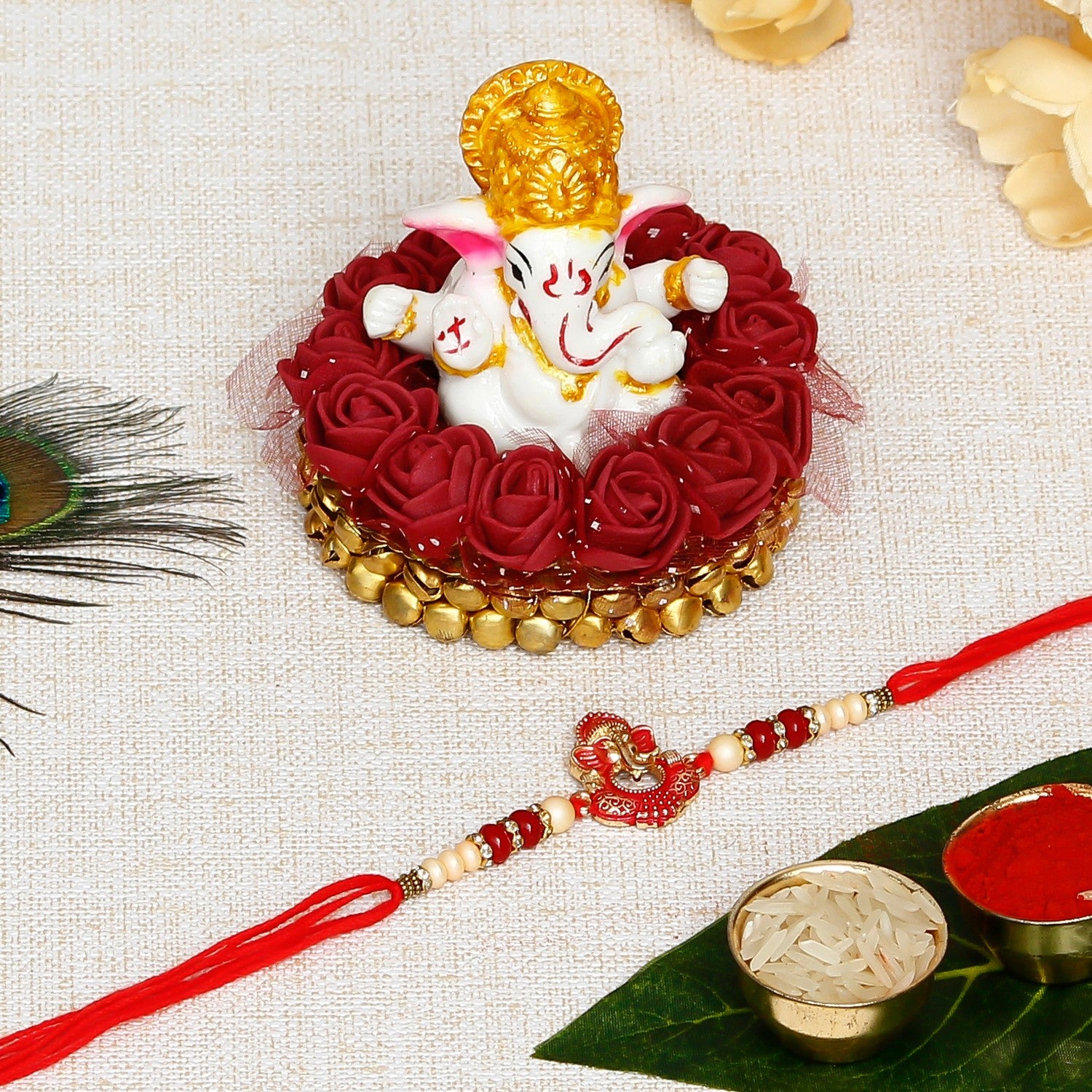 Designer Ganesha Rakhi with Lord Ganesha Idol on Decorative Plate for Car & Home and Roli Chawal Pack