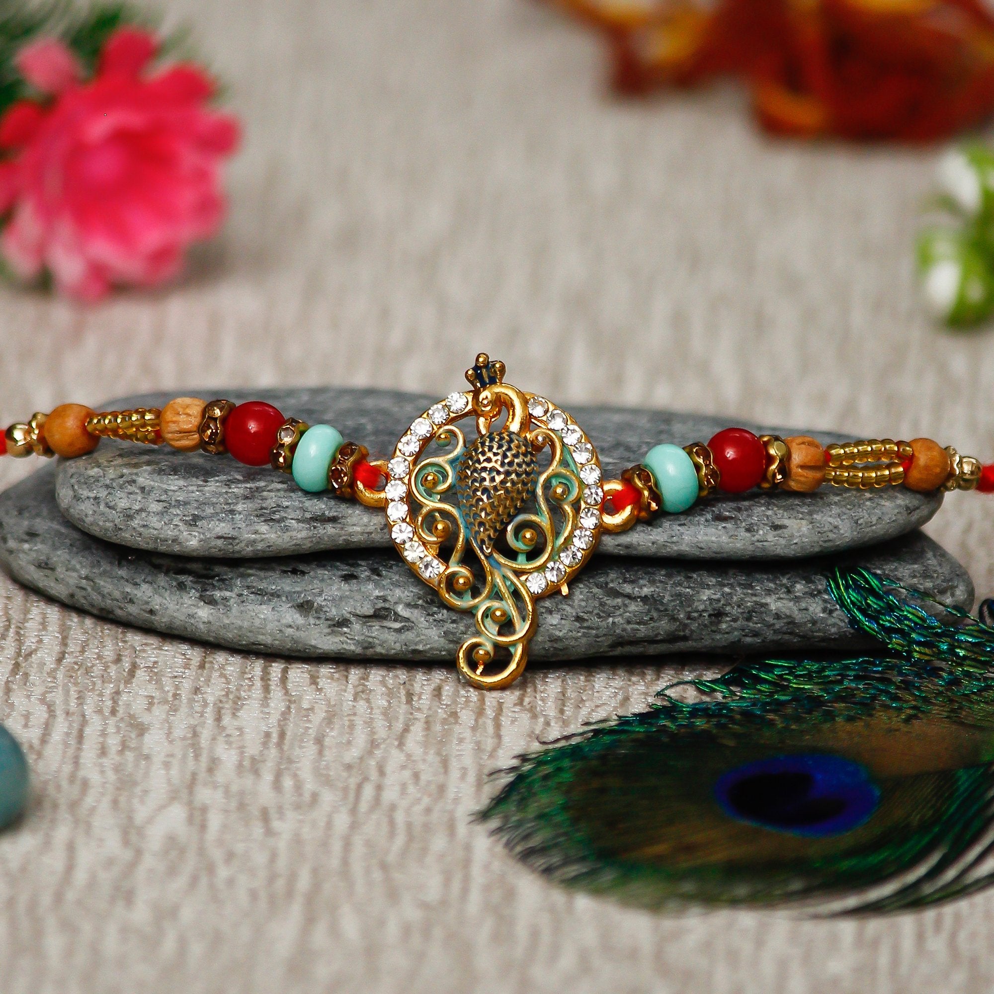 Designer Peacock Rakhi with Lord Ganesha on Marble Chowki and Roli Chawal Pack 1