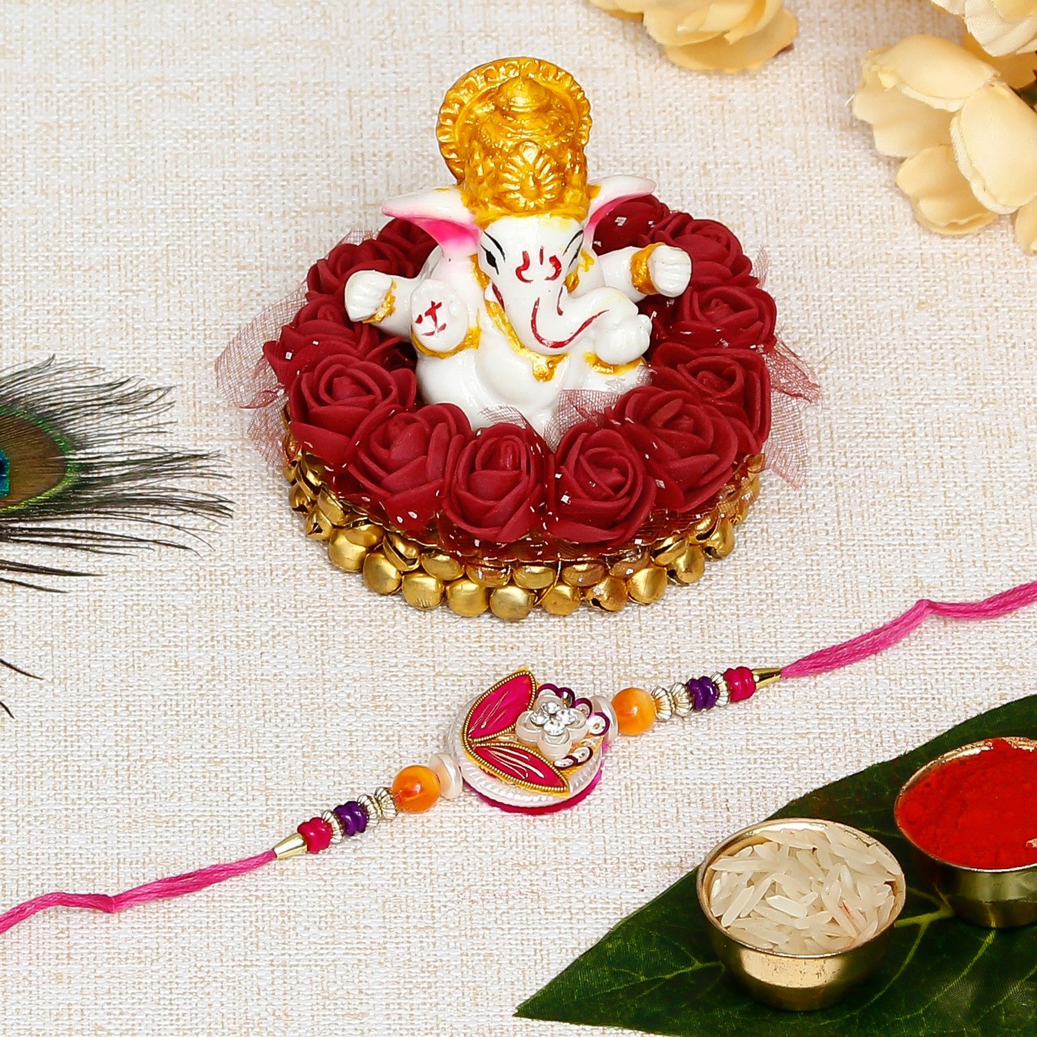 Designer Rakhi with Lord Ganesha Idol on Decorative Plate for Car & Home and Roli Chawal Pack