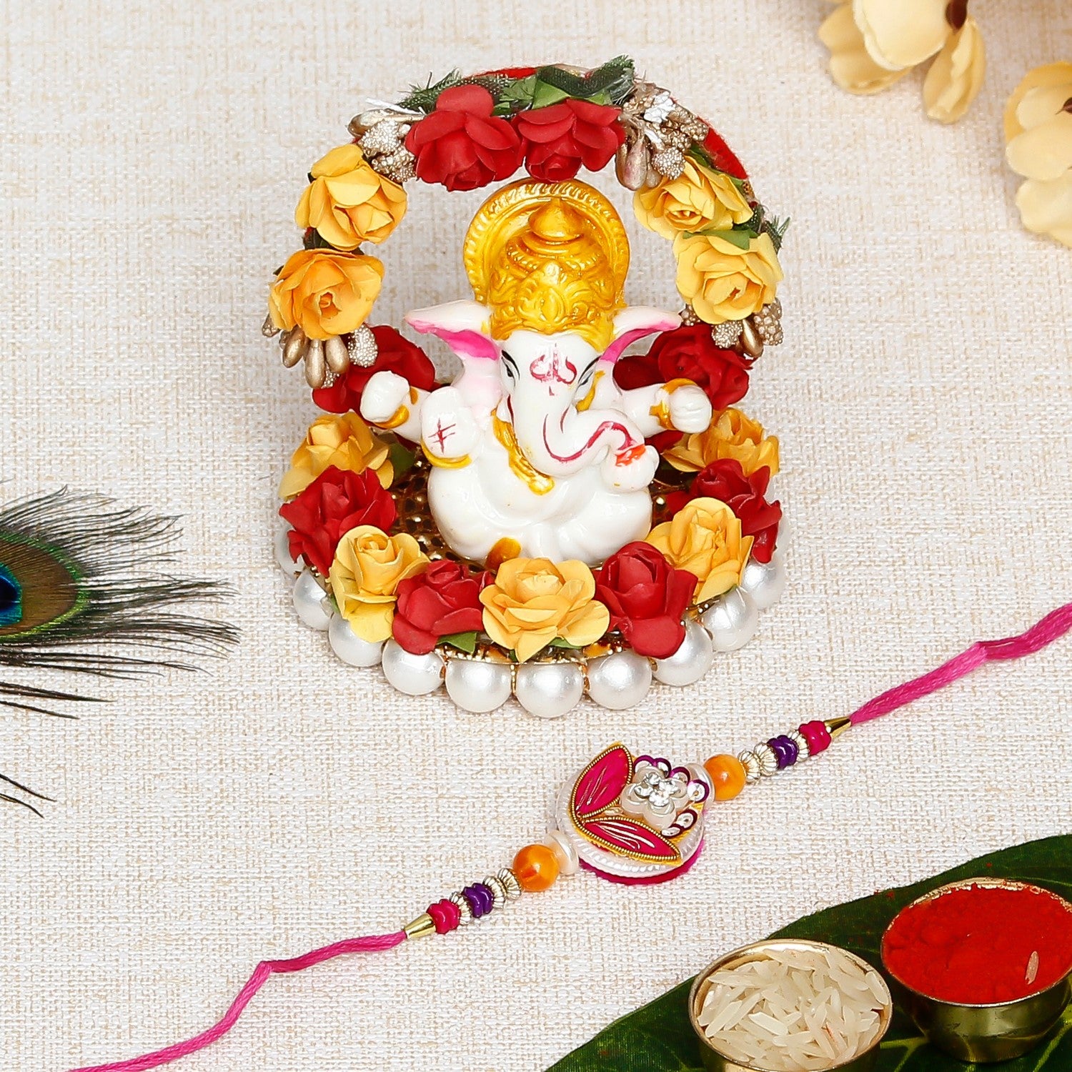 Designer Rakhi with Lord Ganesha Idol on Decorative Plate for Car & Home and Roli Chawal Pack