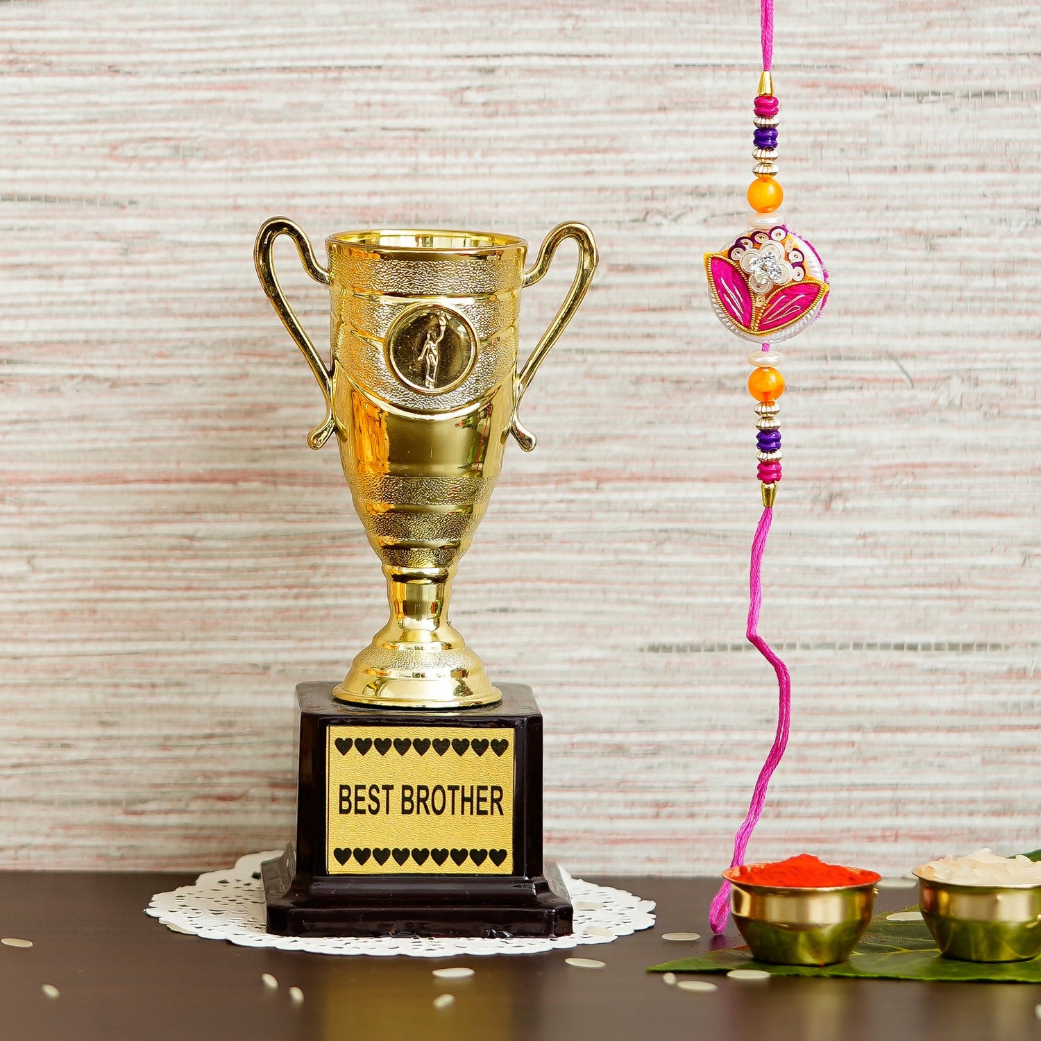 Designer Rakhi with Best Brother Trophy and Roli Chawal Pack