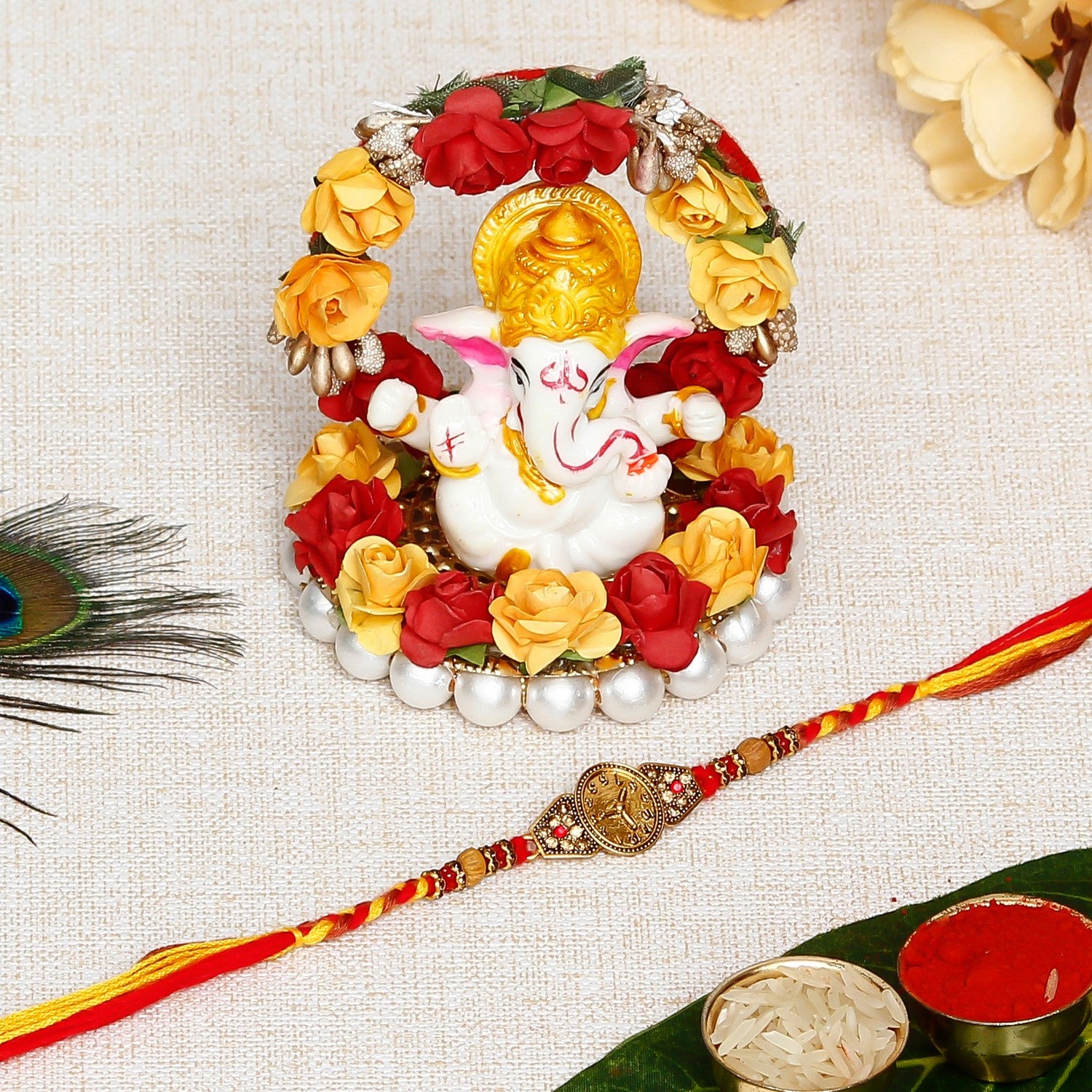 Designer Watch Pattern Rakhi with Lord Ganesha Idol on Decorative Plate for Car & Home and Roli Chawal Pack
