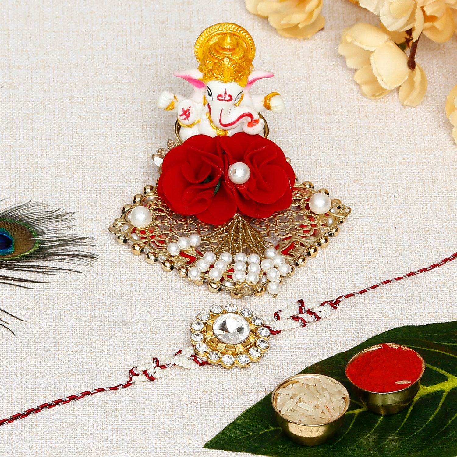 Designer  Handcrafted Rakhi with Lord Ganesha Idol on Decorative Plate for Car & Home and Roli Chawal Pack