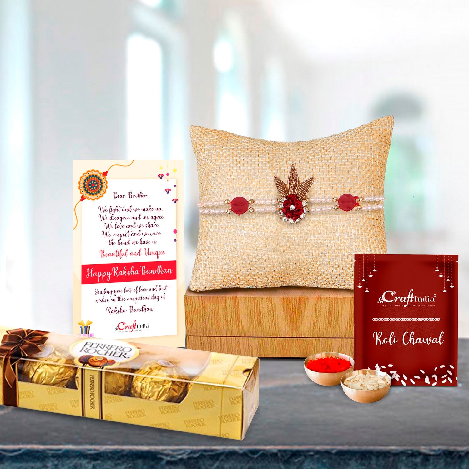 Designer  Handcrafted Rakhi with Ferrero Rocher (4 pcs) and Roli Chawal Pack, Best Wishes Greeting Card