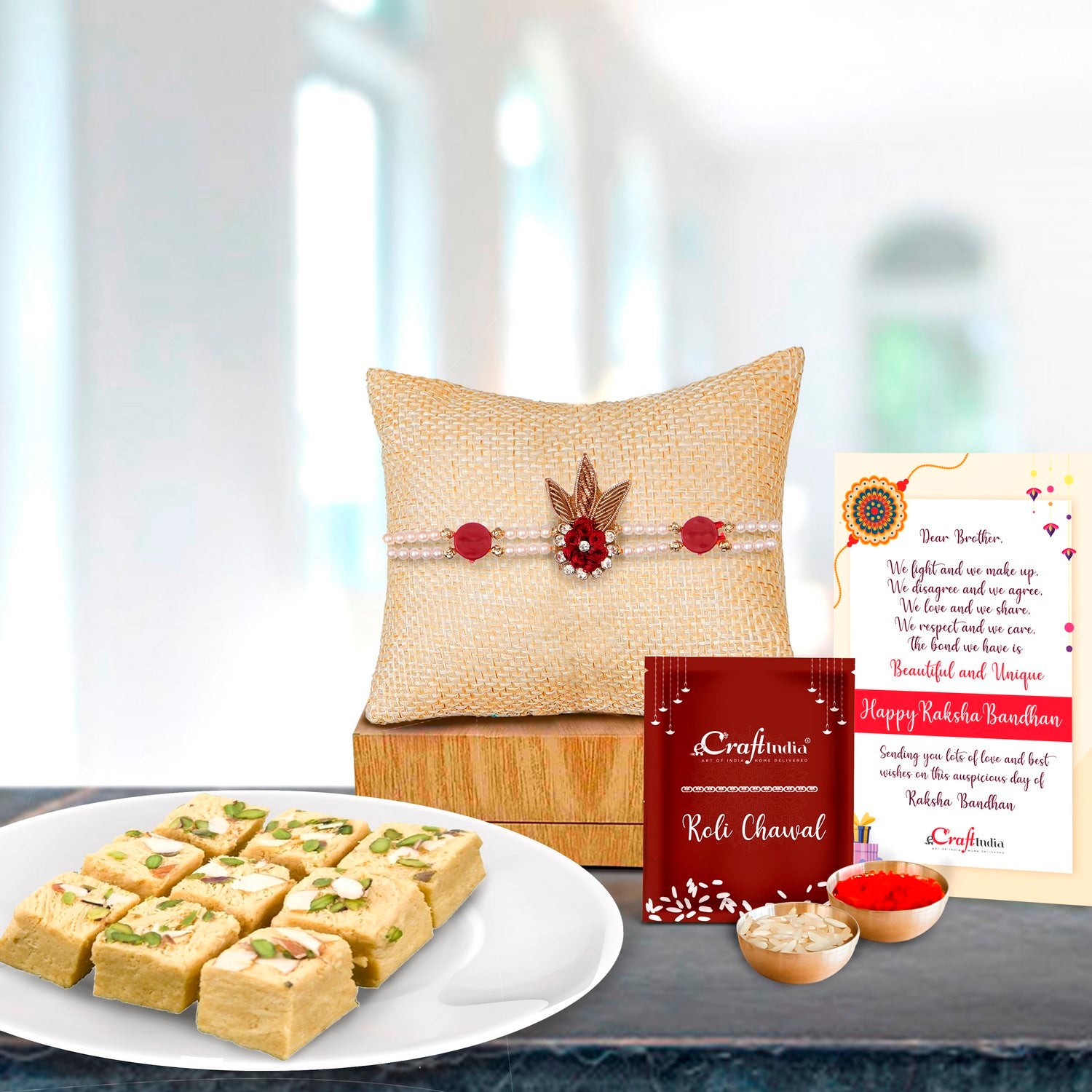 Designer  Handcrafted Rakhi with Soan Papdi (500 Gm) and Roli Chawal Pack, Best Wishes Greeting Card