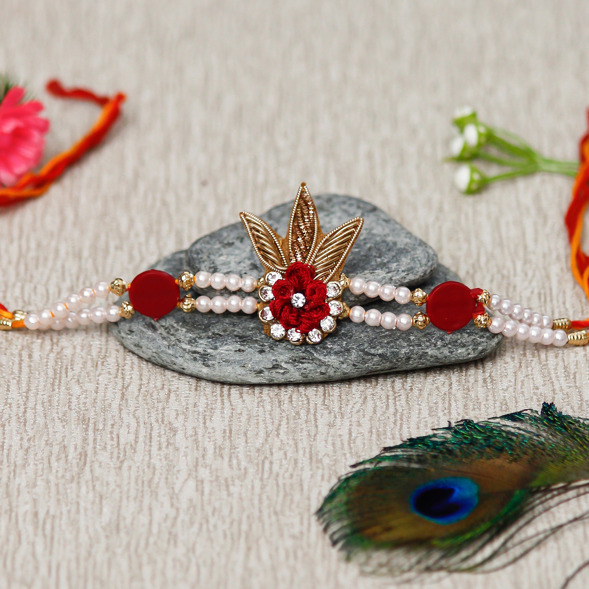 Designer  Handcrafted Rakhi with Lord Ganesha on Marble Chowki and Roli Chawal Pack 1