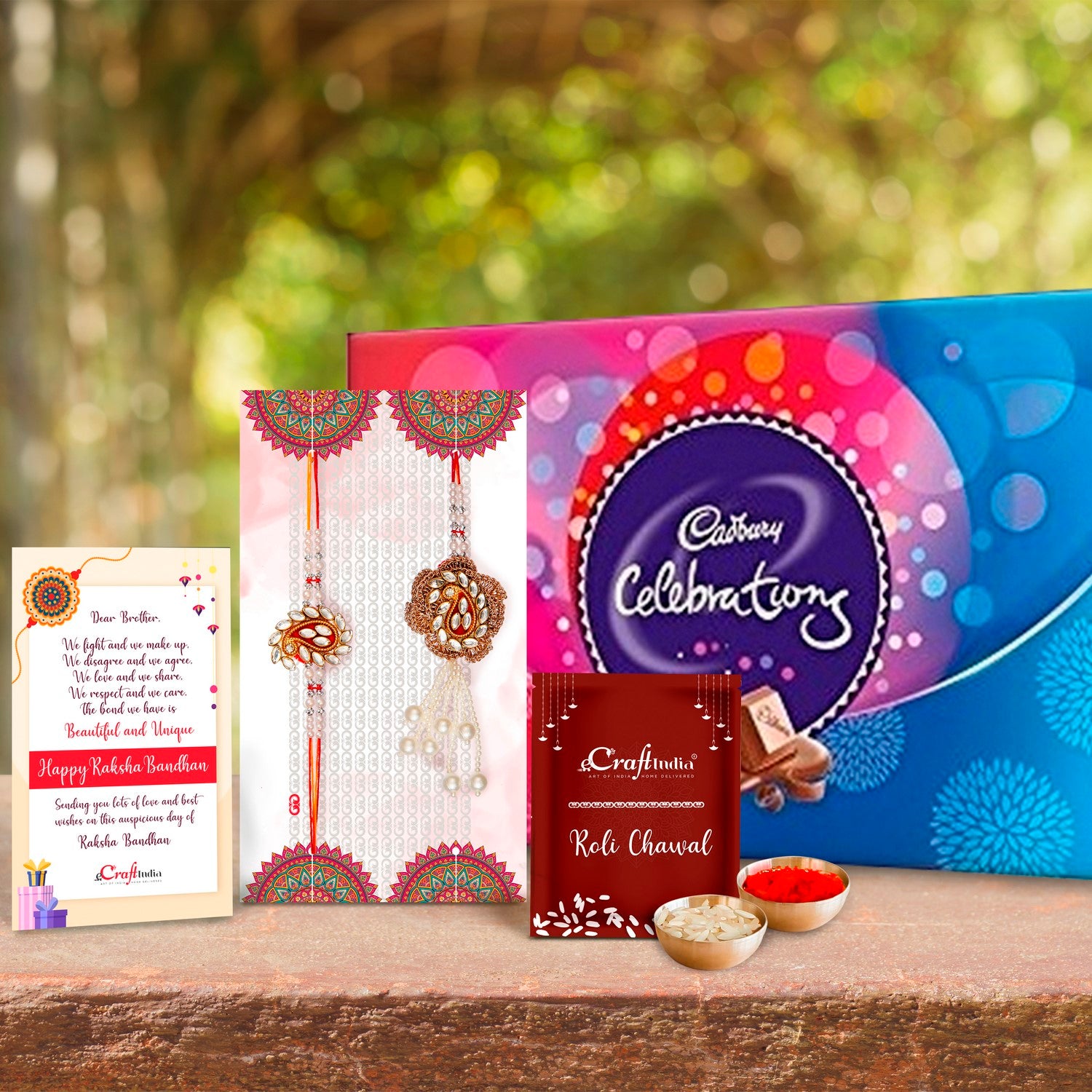 Designer Handcrafted Premium Bhaiya Bhabhi Rakhi with Cadbury Celebrations Gift Pack of 7 Assorted Chocolates and Roli Chawal Pack, Best Wishes Greeting Card