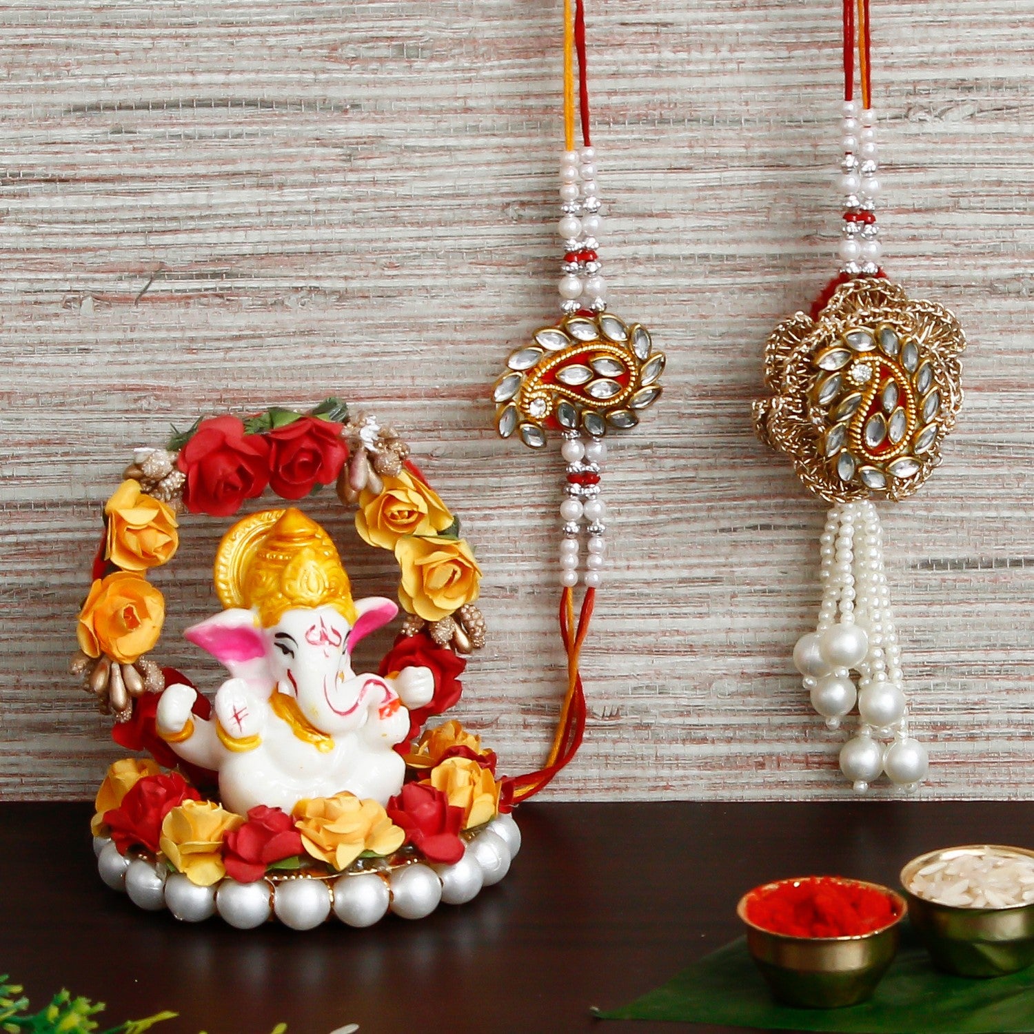 Designer Handcrafted Premium Bhaiya Bhabhi Rakhi with Lord Ganesha Idol on Decorative Plate for Car & Home and Roli Chawal Pack