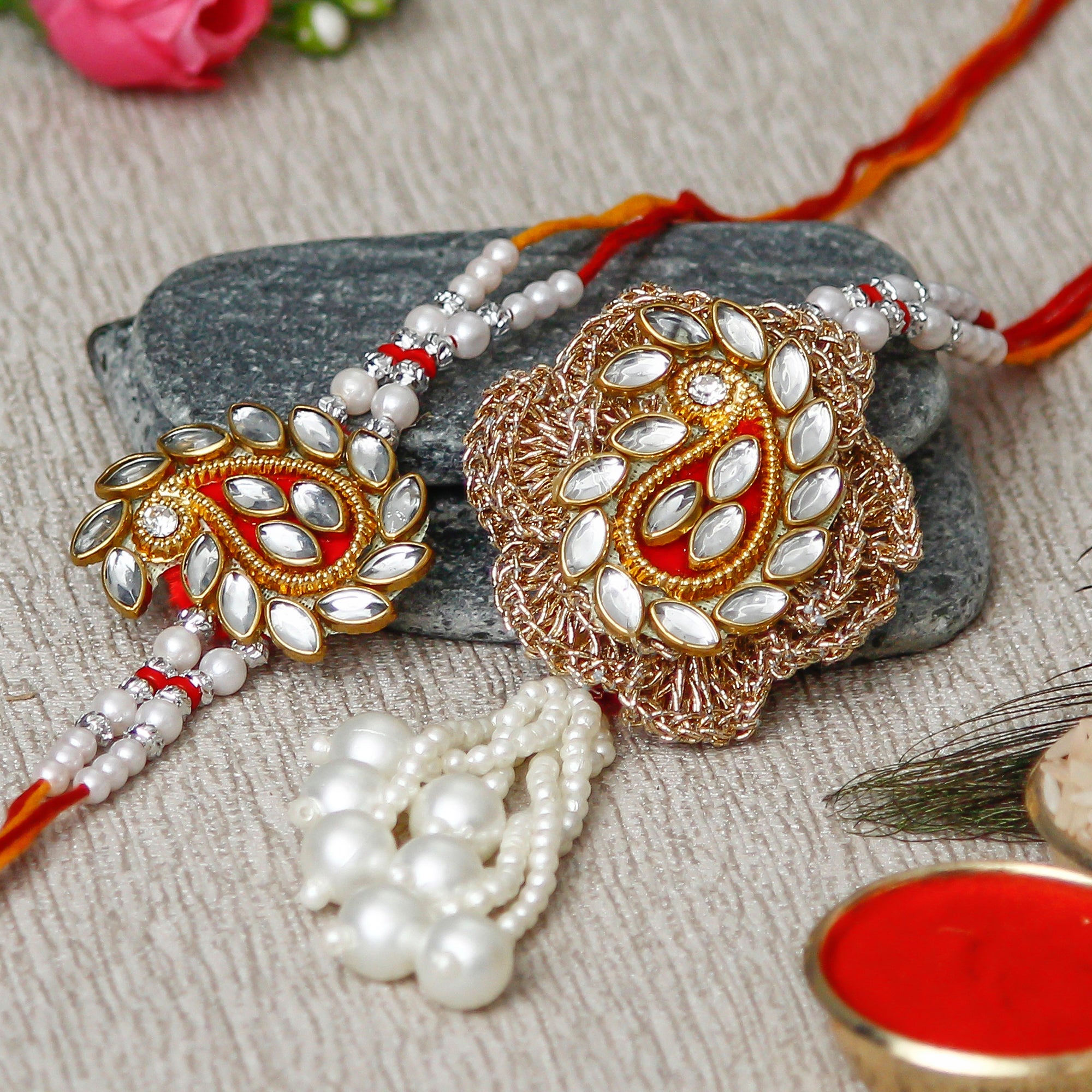 Designer Handcrafted Premium Bhaiya Bhabhi Rakhi with Lord Ganesha Idol on Decorative Plate for Car & Home and Roli Chawal Pack 1