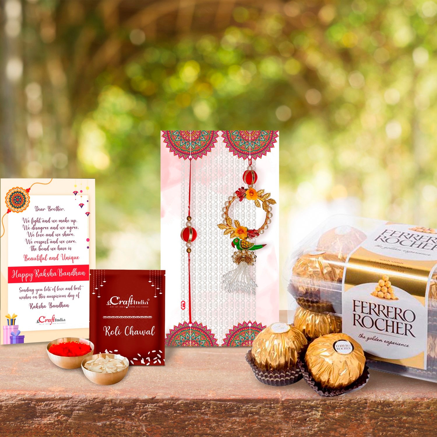 Designer Bhaiya Bhabhi Rakhi with Ferrero Rocher (16 pcs) and Roli Chawal Pack, Best Wishes Greeting Card