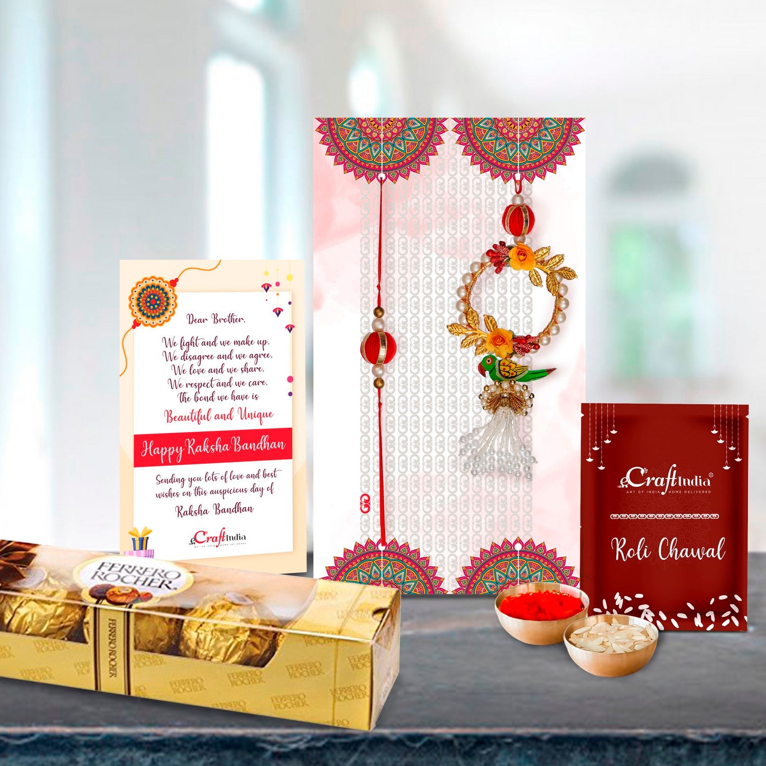 Designer Bhaiya Bhabhi Rakhi with Ferrero Rocher (4 pcs) and Roli Chawal Pack, Best Wishes Greeting Card