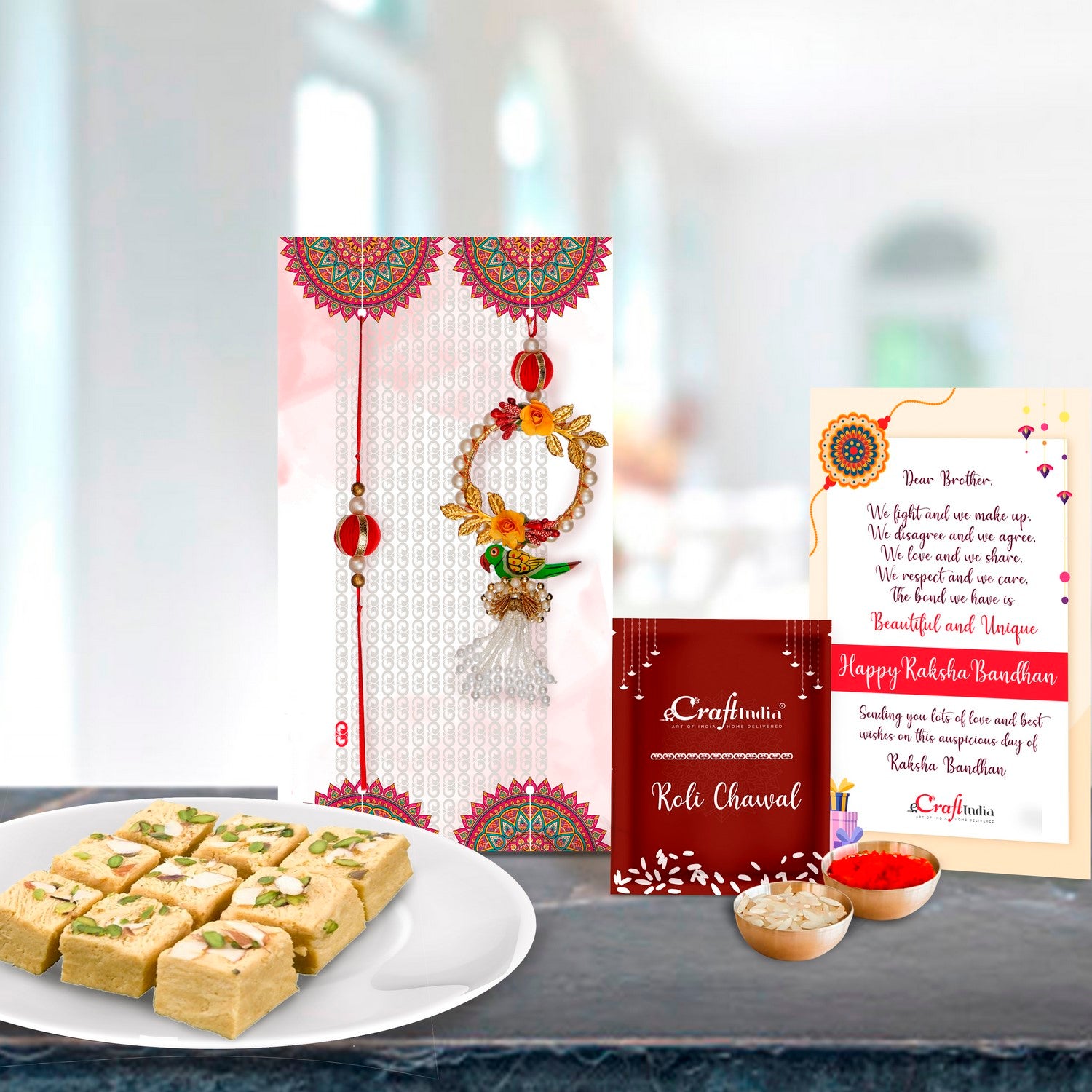 Designer Bhaiya Bhabhi Rakhi with Soan Papdi (500 Gm) and Roli Chawal Pack, Best Wishes Greeting Card