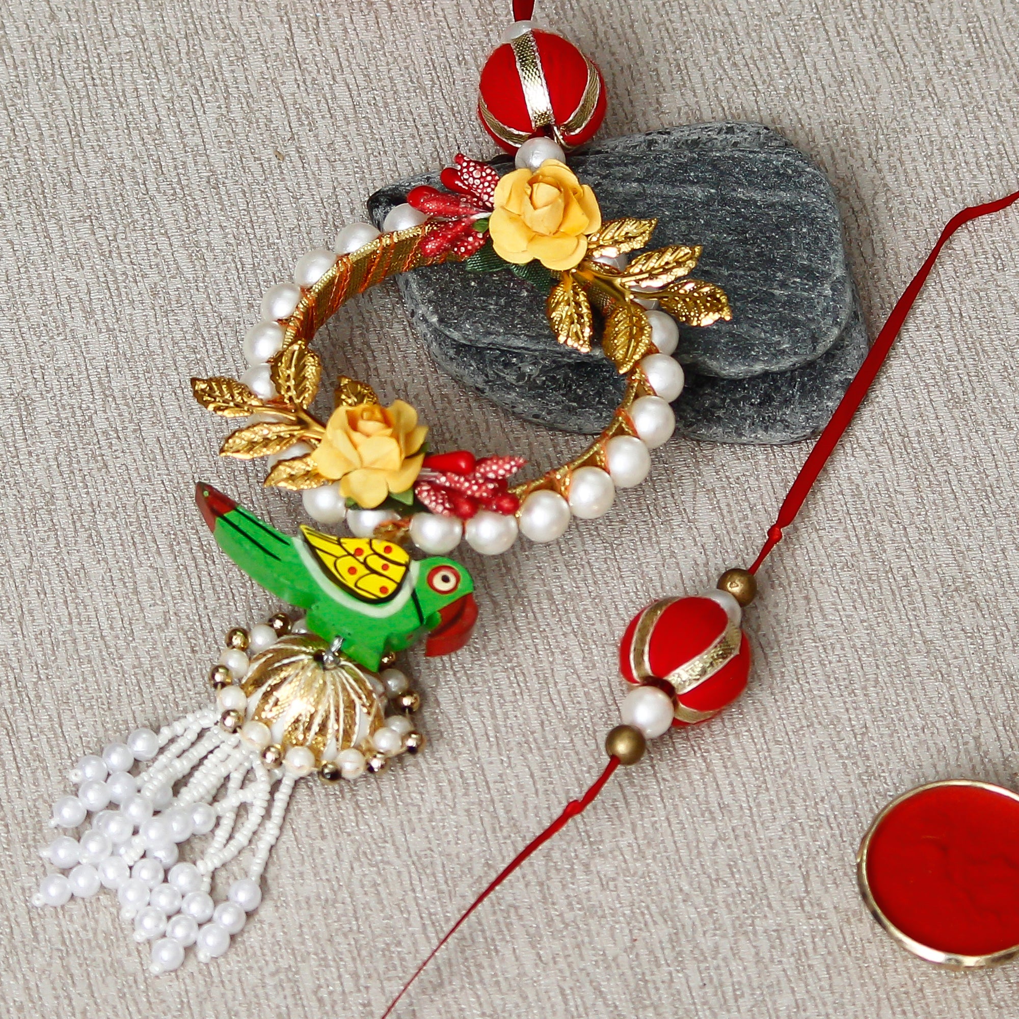 Designer Bhaiya Bhabhi Rakhi with Ferrero Rocher (4 pcs) and Roli Chawal Pack, Best Wishes Greeting Card 1