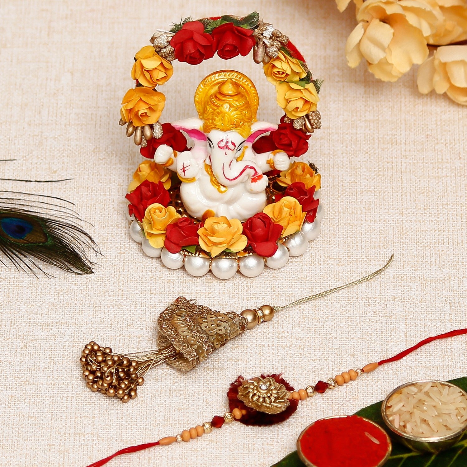 Designer Handcrafted Premium Bhaiya Bhabhi Rakhi with Lord Ganesha Idol on Decorative Plate for Car & Home and Roli Chawal Pack