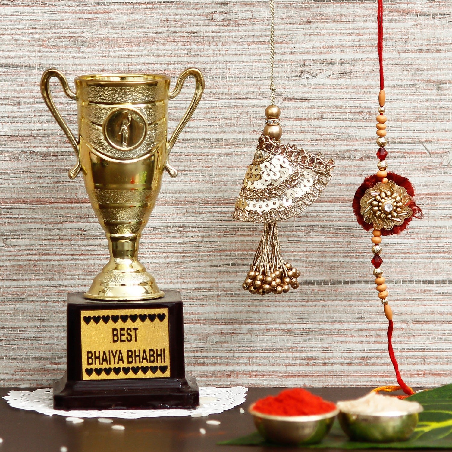 Designer Handcrafted Premium Bhaiya Bhabhi Rakhi with Best Bhaiya Bhabhi Trophy and Roli Chawal Pack