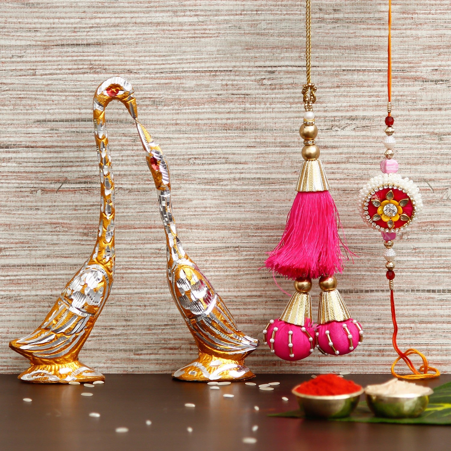 Designer Handcrafted Premium Bhaiya Bhabhi Rakhi with Cute Swan Love Birds with 7 Inch Height Decorative Figurine and Roli Chawal Pack