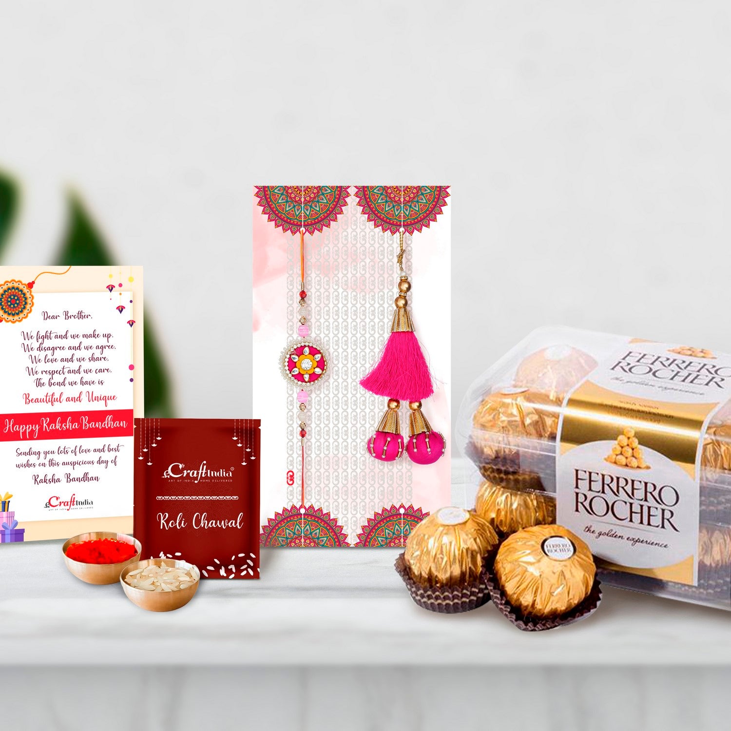Designer Handcrafted Premium Bhaiya Bhabhi Rakhi with Ferrero Rocher (16 pcs) and Roli Chawal Pack, Best Wishes Greeting Card
