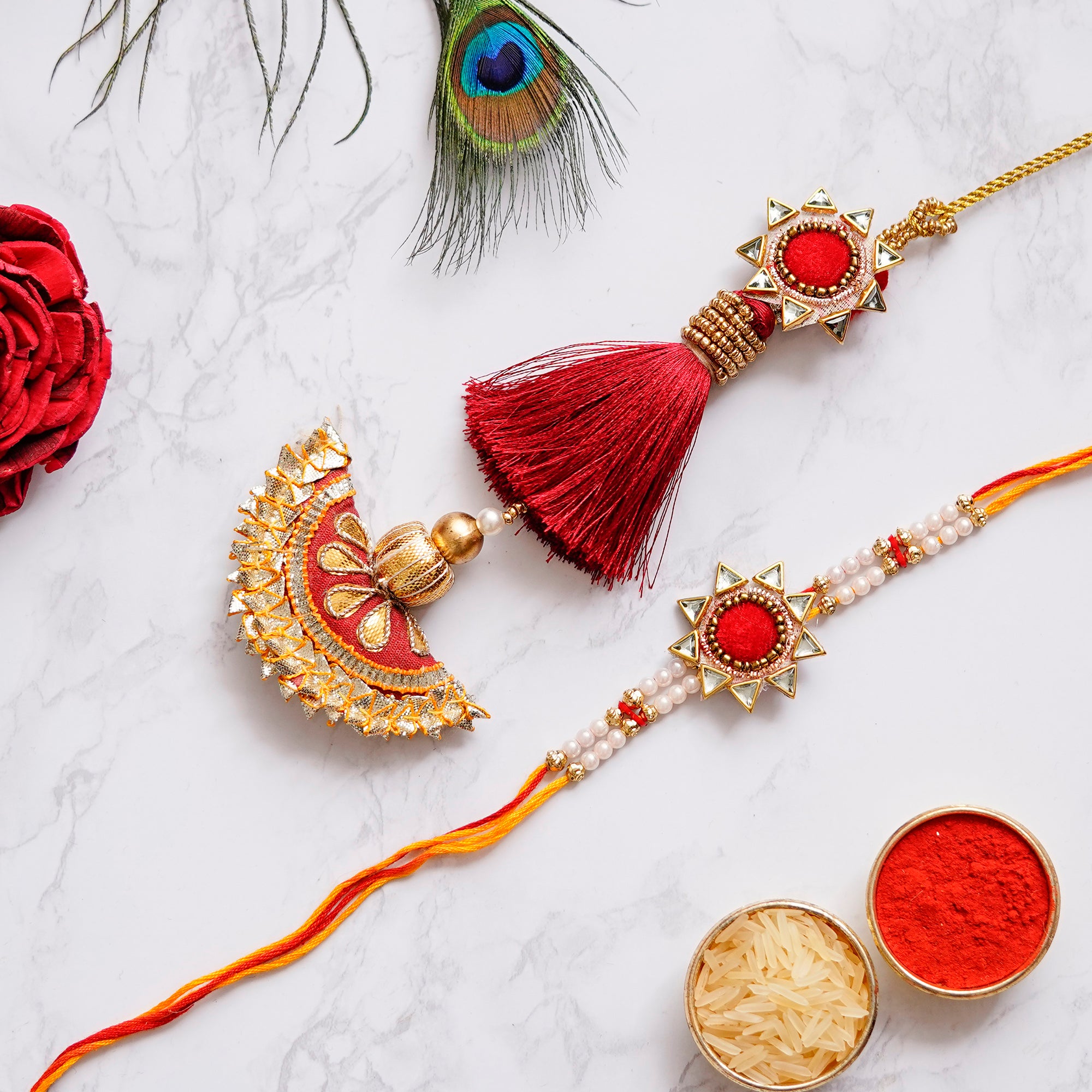 Designer Handcrafted Premium Bhaiya Bhabhi Rakhi with Lord Ganesha reading Book on Wooden Chair and Roli Chawal Pack 1