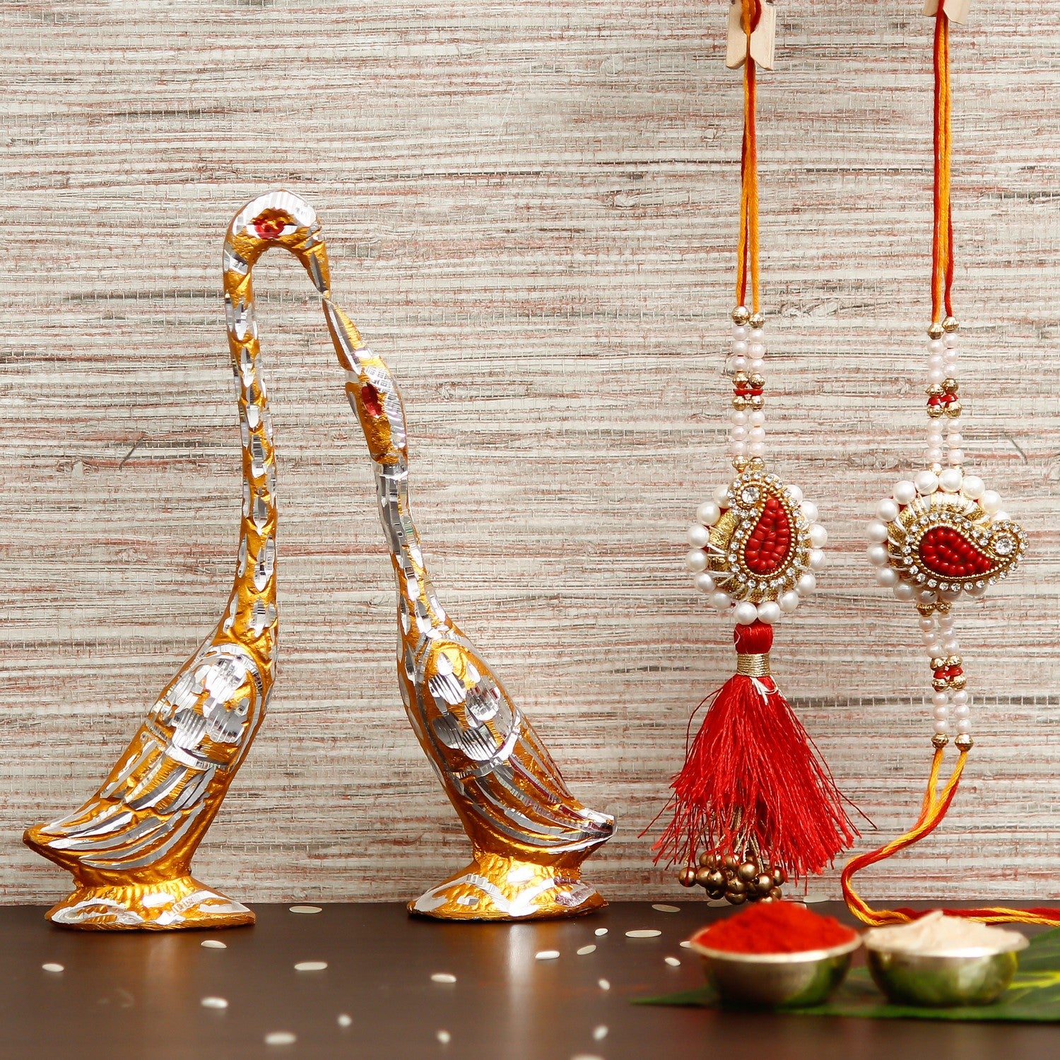 Designer Handcrafted Premium Bhaiya Bhabhi Rakhi with Cute Swan Love Birds with 7 Inch Height Decorative Figurine and Roli Chawal Pack