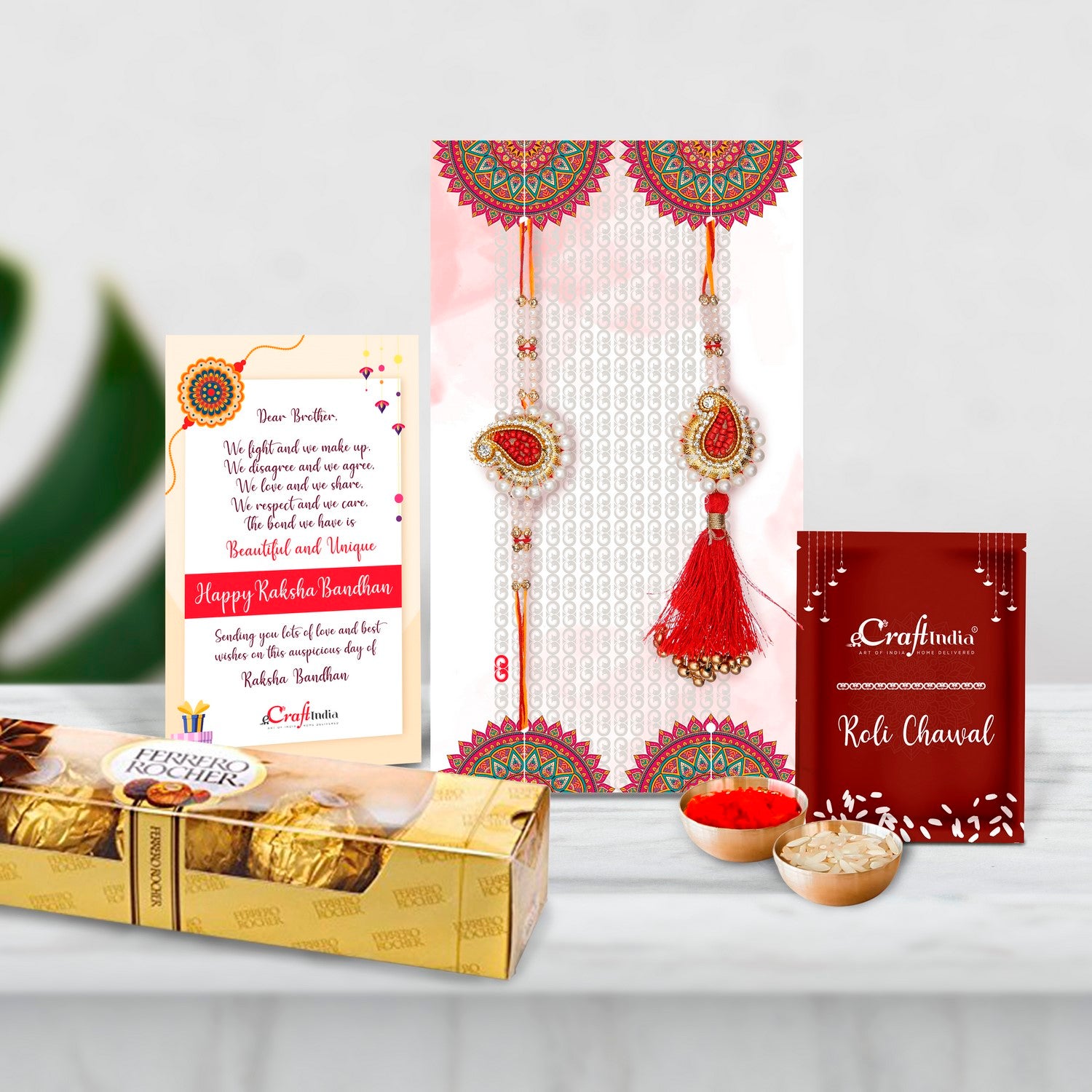 Designer Handcrafted Premium Bhaiya Bhabhi Rakhi with Ferrero Rocher (4 pcs) and Roli Chawal Pack, Best Wishes Greeting Card