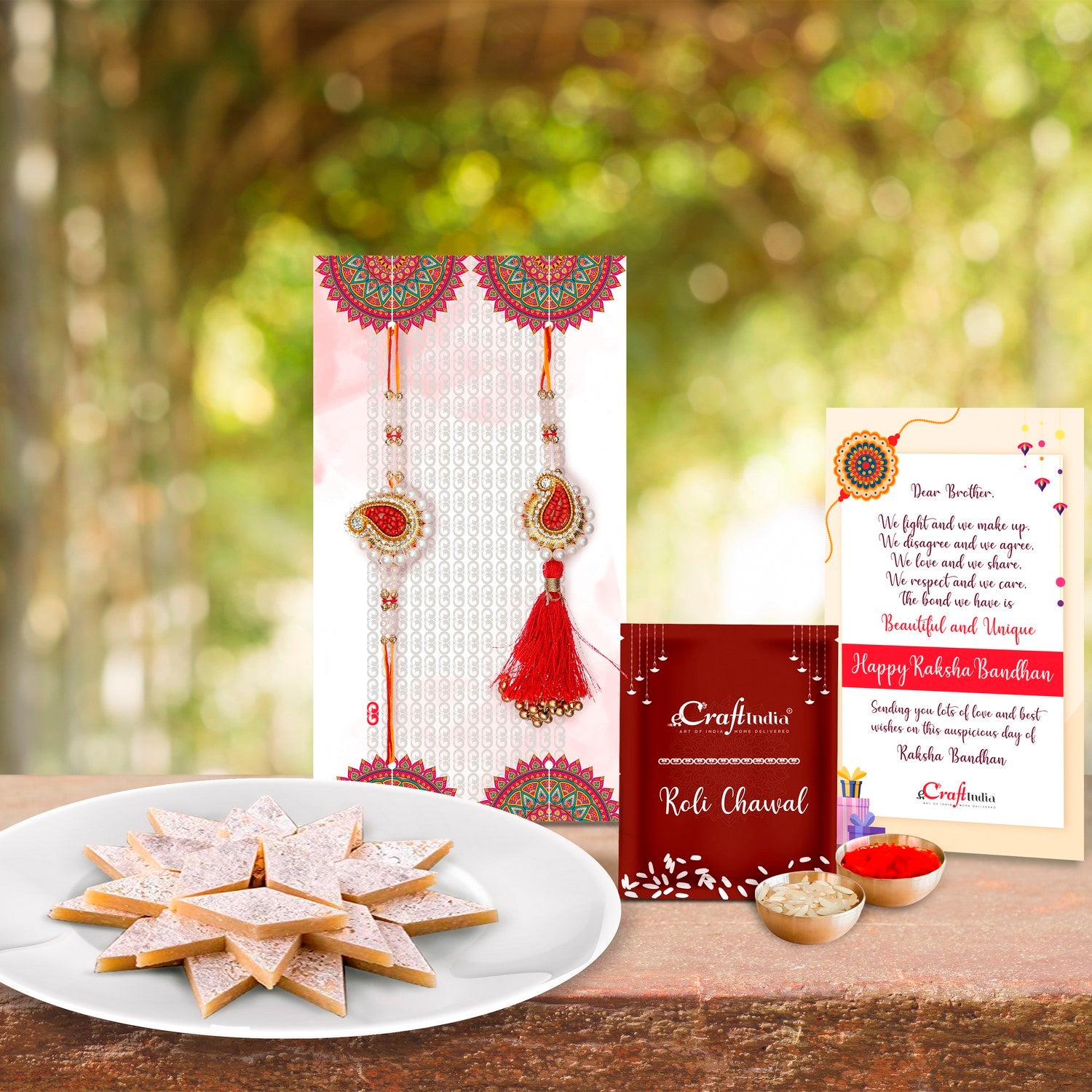 Designer Handcrafted Premium Bhaiya Bhabhi Rakhi with Kaju Katli (500 Gm) and Roli Chawal Pack, Best Wishes Greeting Card