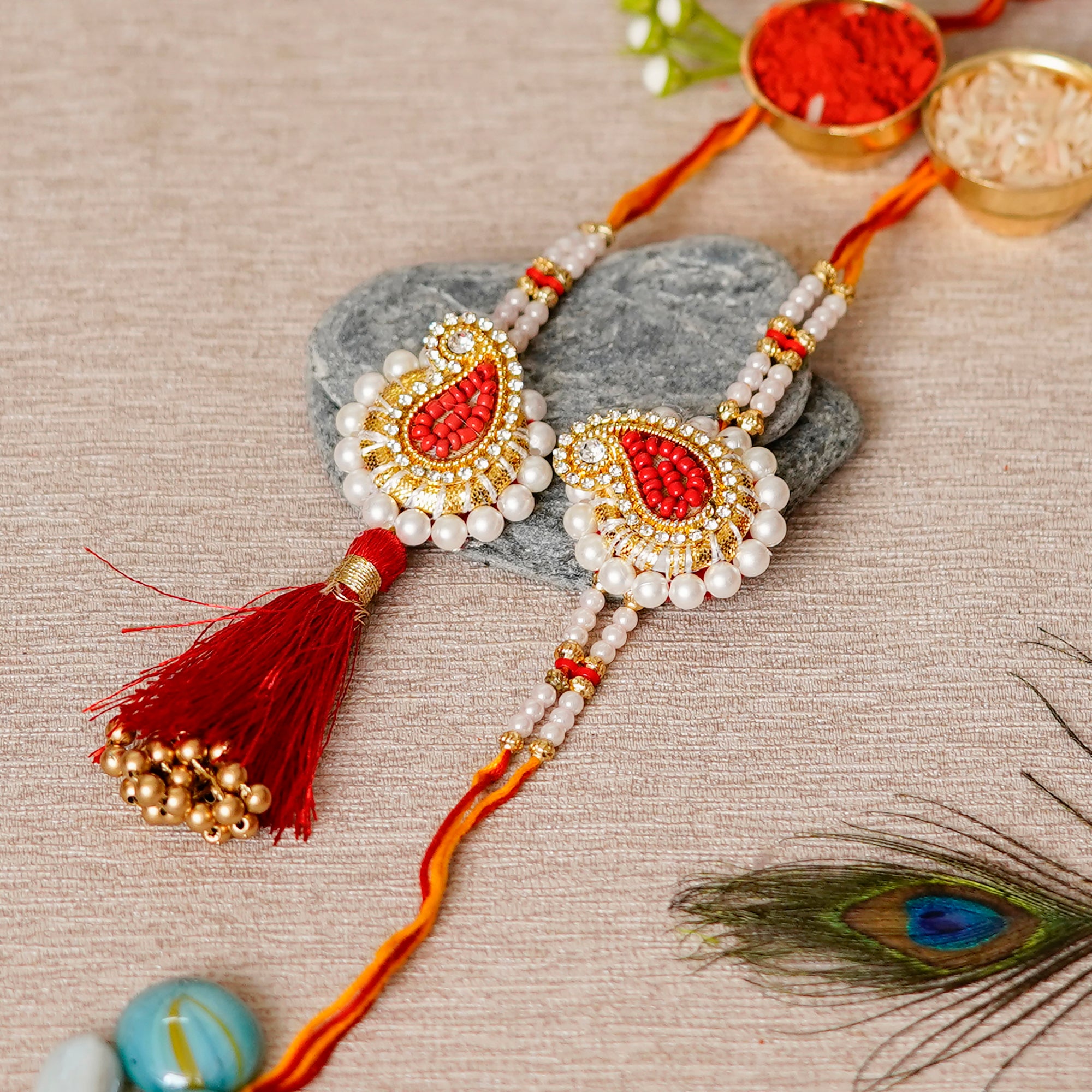 Designer Handcrafted Premium Bhaiya Bhabhi Rakhi with Ferrero Rocher (4 pcs) and Roli Chawal Pack, Best Wishes Greeting Card 1