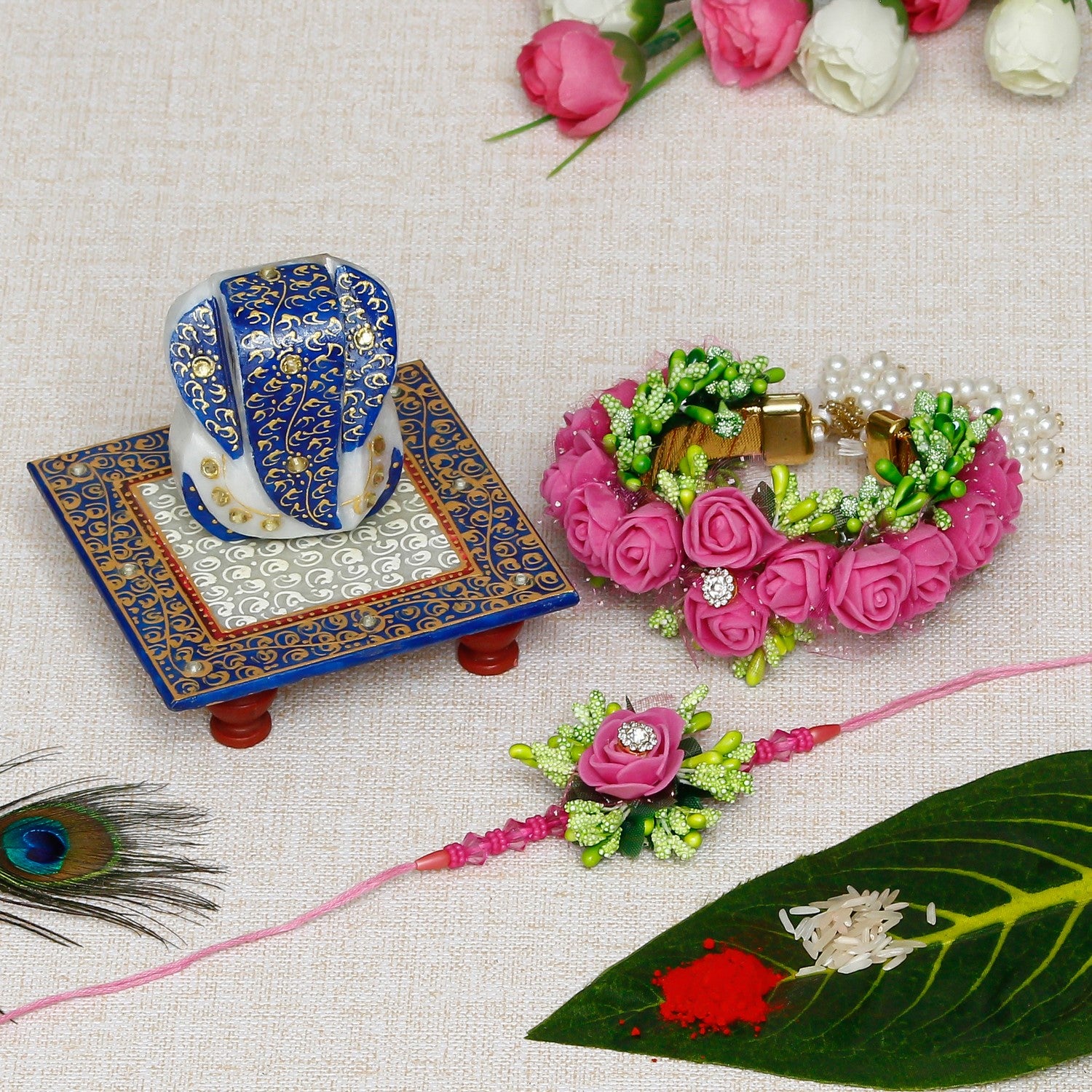 Designer Handcrafted Premium Bhaiya Bhabhi Rakhi with Lord Ganesha Marble Chowki and Roli Chawal Pack