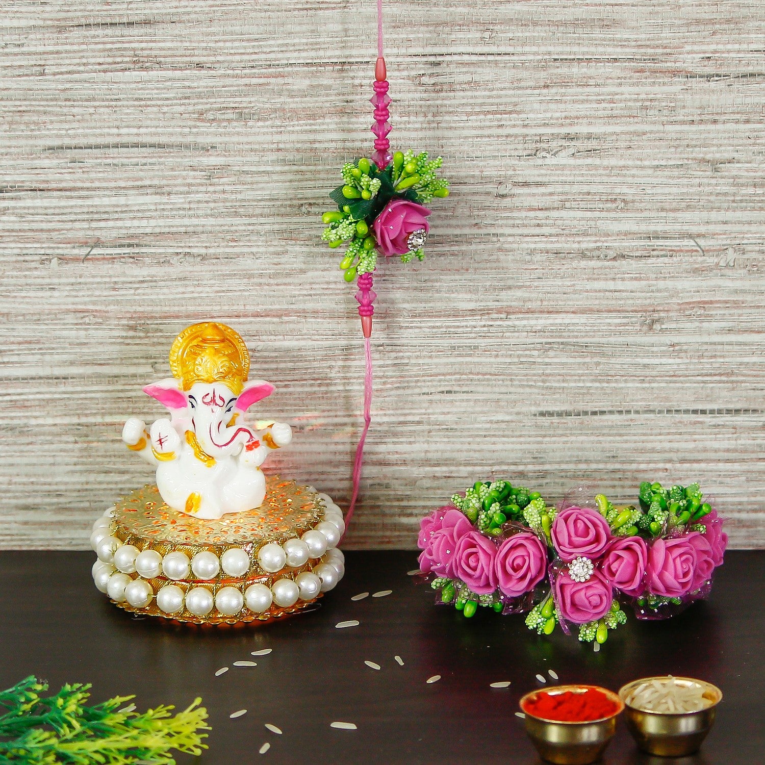 Designer Handcrafted Premium Bhaiya Bhabhi Rakhi with Lord Ganesha Idol on Decorative Handcrafted Plate for Home and Car and Roli Chawal Pack
