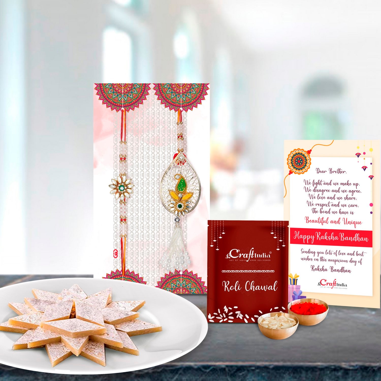 Designer Handcrafted Premium Bhaiya Bhabhi Rakhi with Kaju Katli (500 Gm) and Roli Chawal Pack, Best Wishes Greeting Card