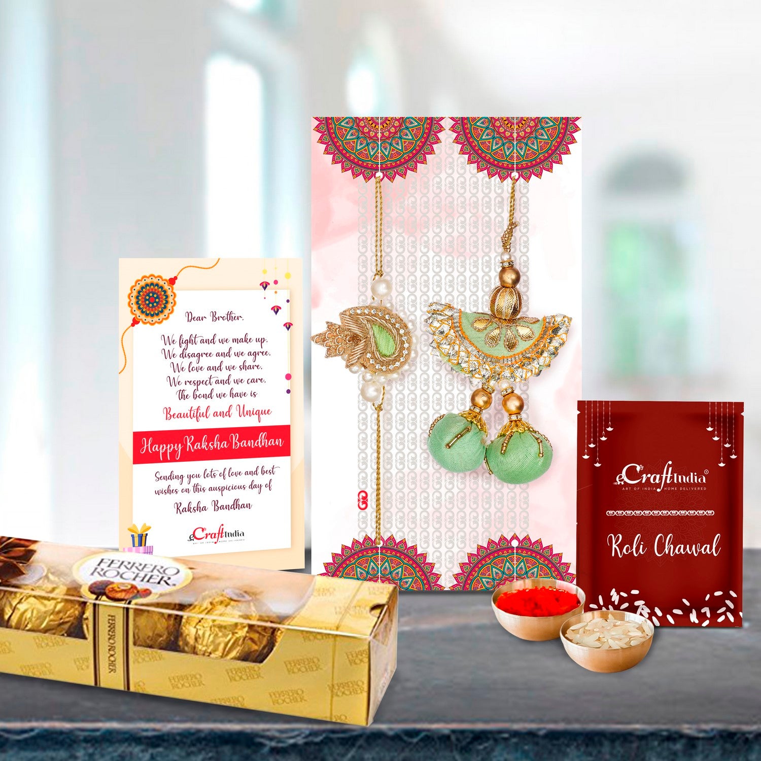 Designer Handcrafted Premium Bhaiya Bhabhi Rakhi with Ferrero Rocher (4 pcs) and Roli Chawal Pack, Best Wishes Greeting Card