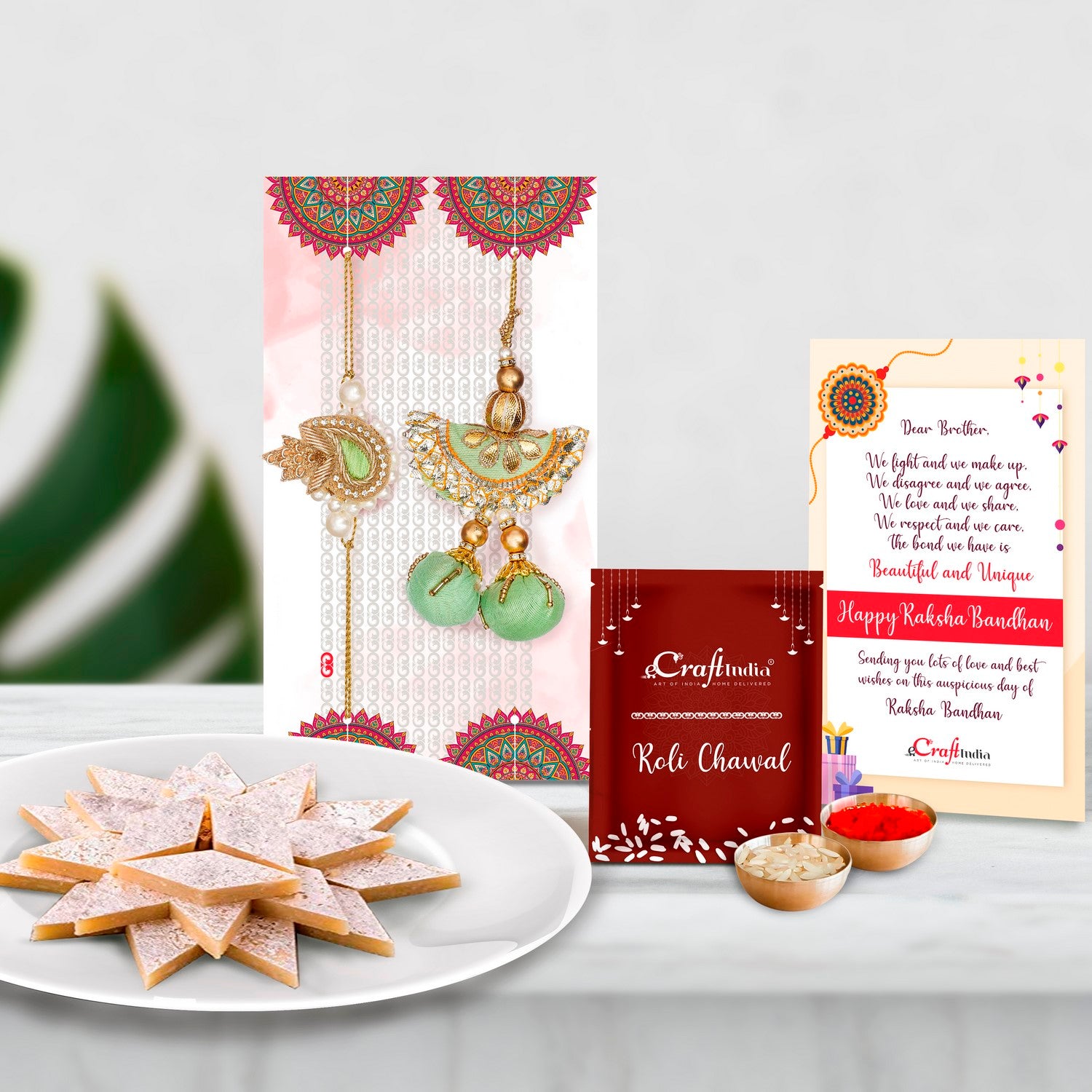 Designer Handcrafted Premium Bhaiya Bhabhi Rakhi with Kaju Katli (500 Gm) and Roli Chawal Pack, Best Wishes Greeting Card