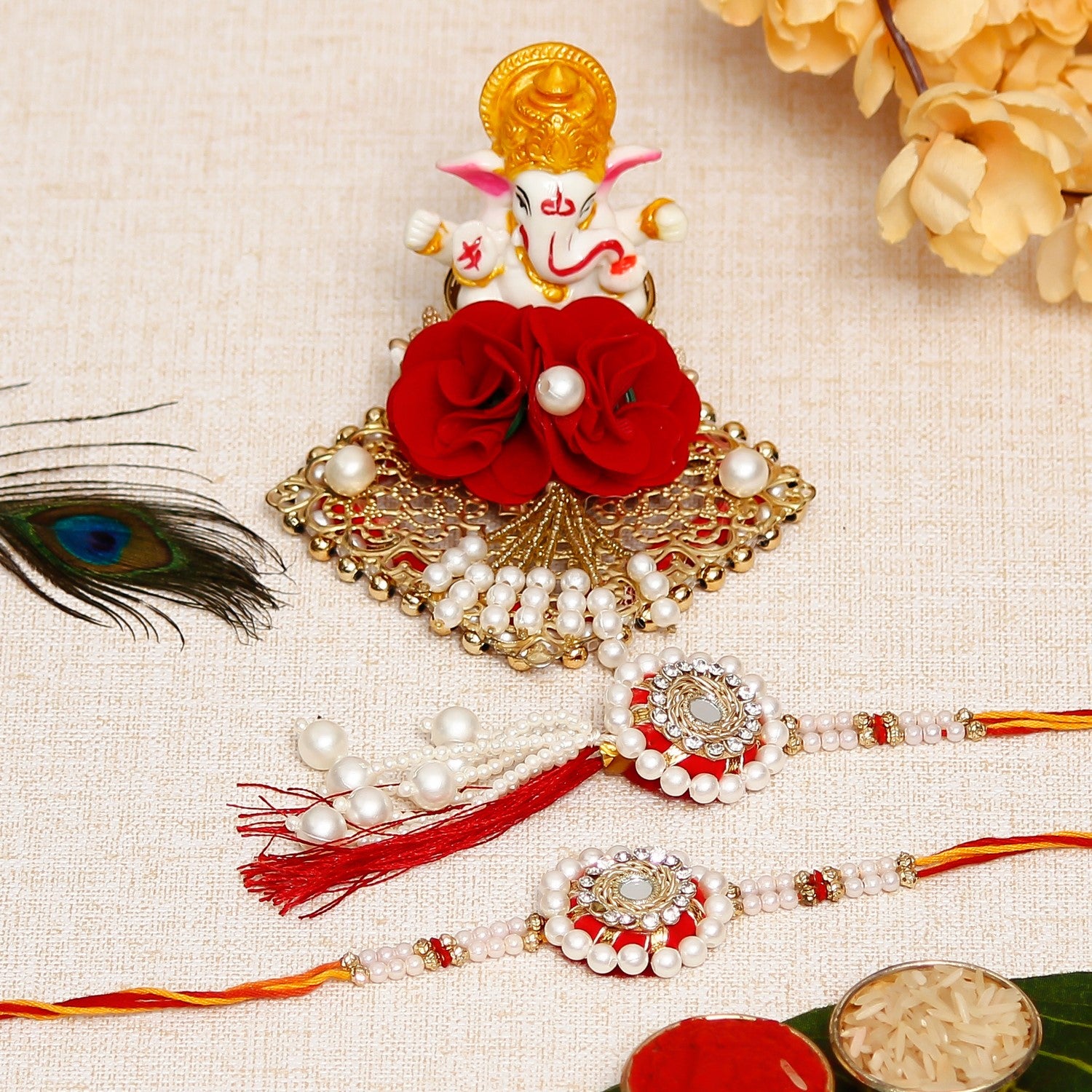 Designer Handcrafted Premium Bhaiya Bhabhi Rakhi with Lord Ganesha Idol on Decorative Plate for Car & Home and Roli Chawal Pack