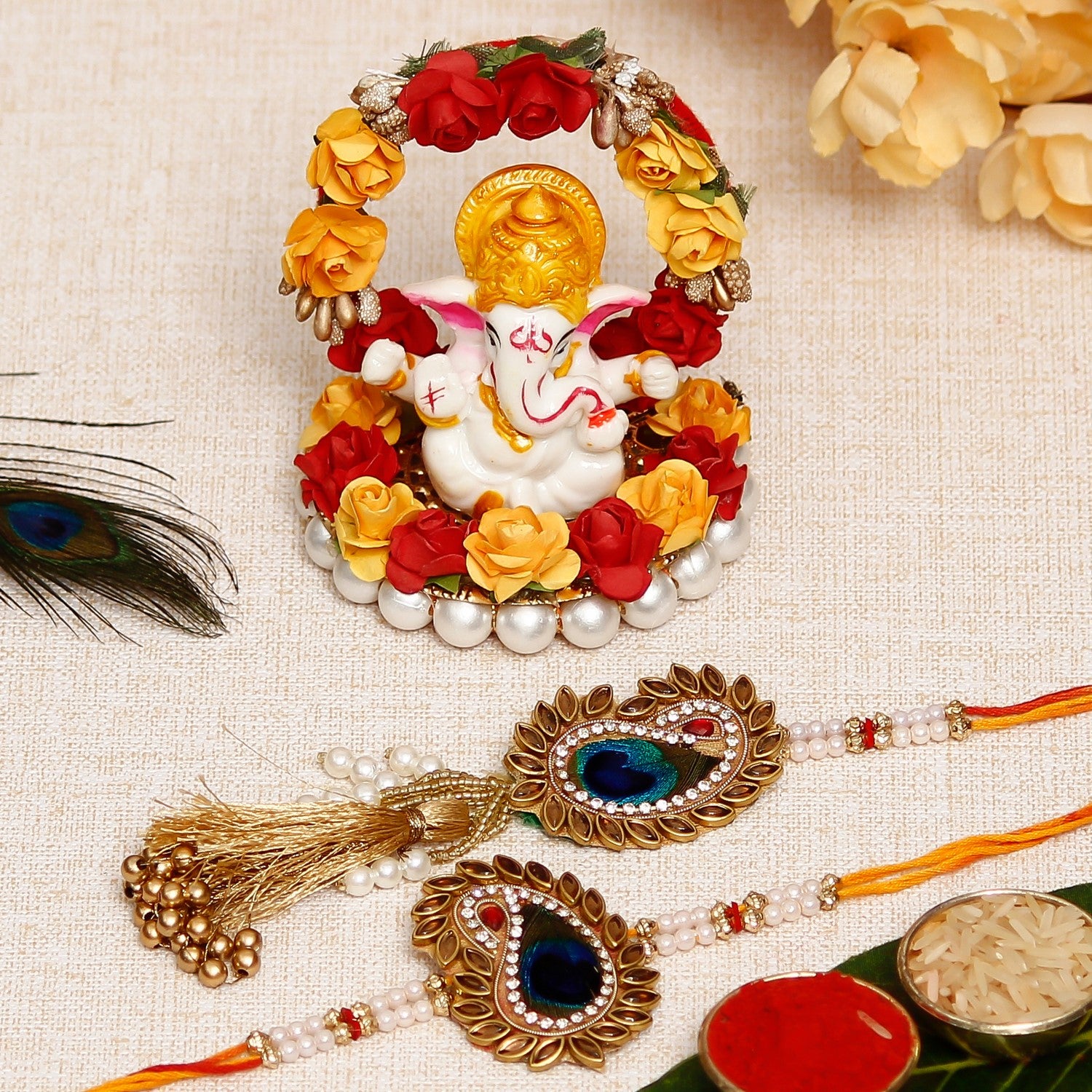 Designer Handcrafted Premium Bhaiya Bhabhi Rakhi with Lord Ganesha Idol on Decorative Plate for Car & Home and Roli Chawal Pack
