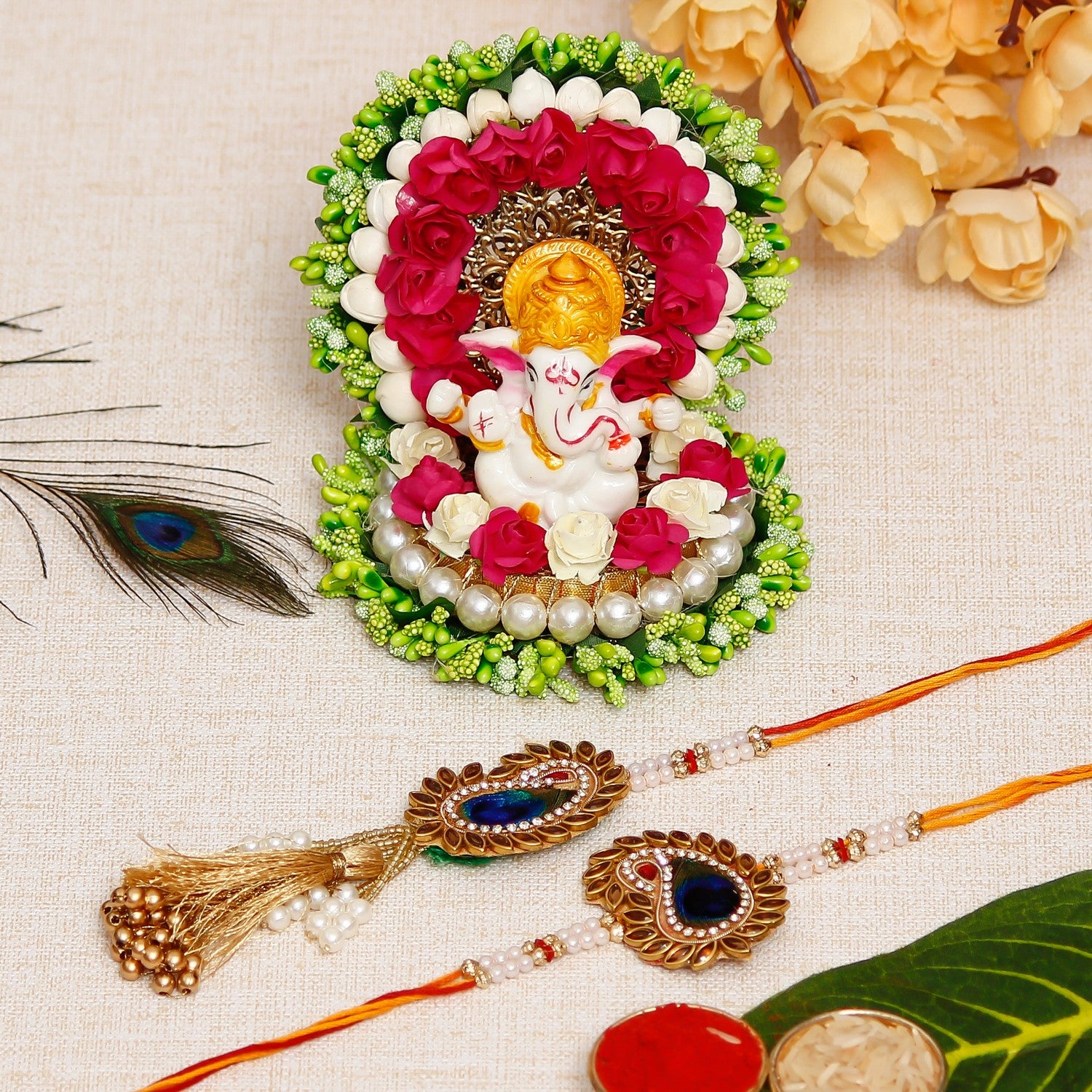 Designer Handcrafted Premium Bhaiya Bhabhi Rakhi with Lord Ganesha Idol on Decorative Handcrafted Green Floral Plate for Home and Car and Roli Chawal Pack