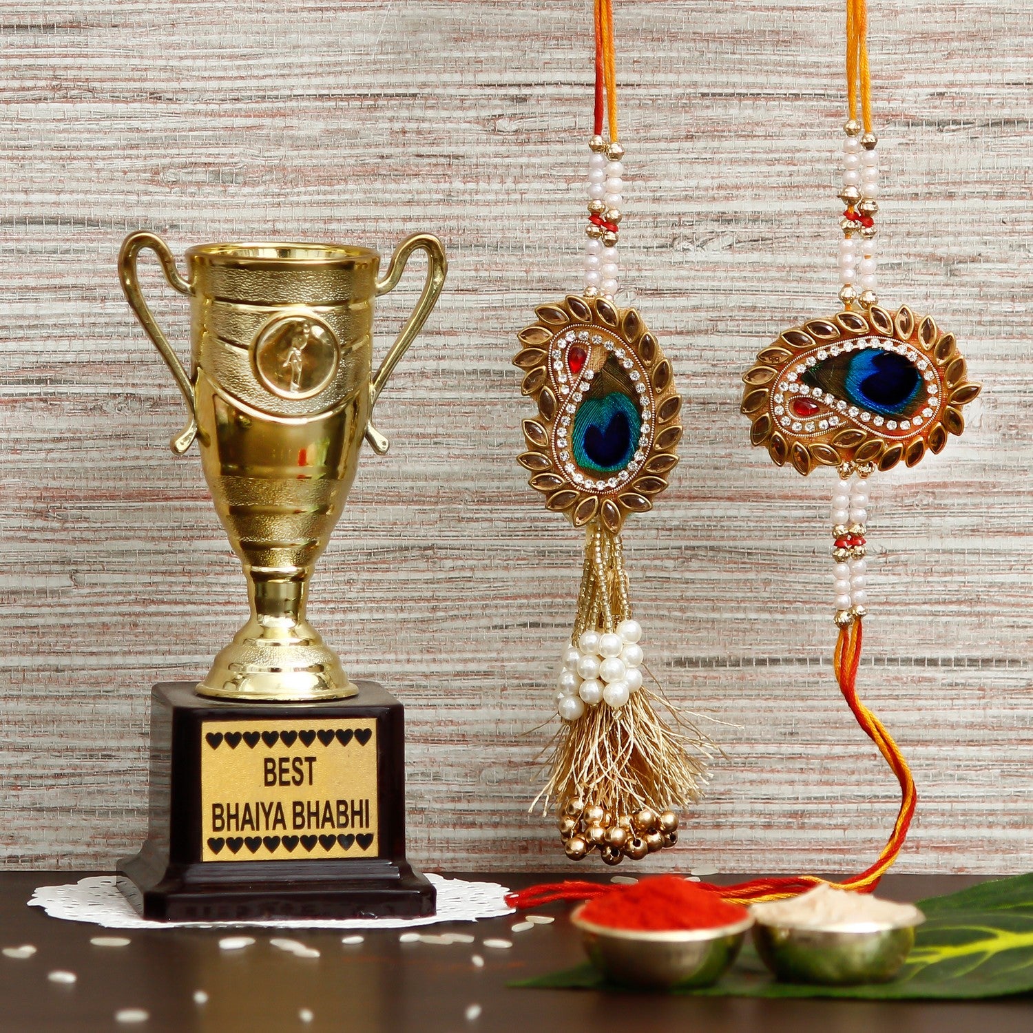 Designer Handcrafted Premium Bhaiya Bhabhi Rakhi with Best Bhaiya Bhabhi Trophy and Roli Chawal Pack