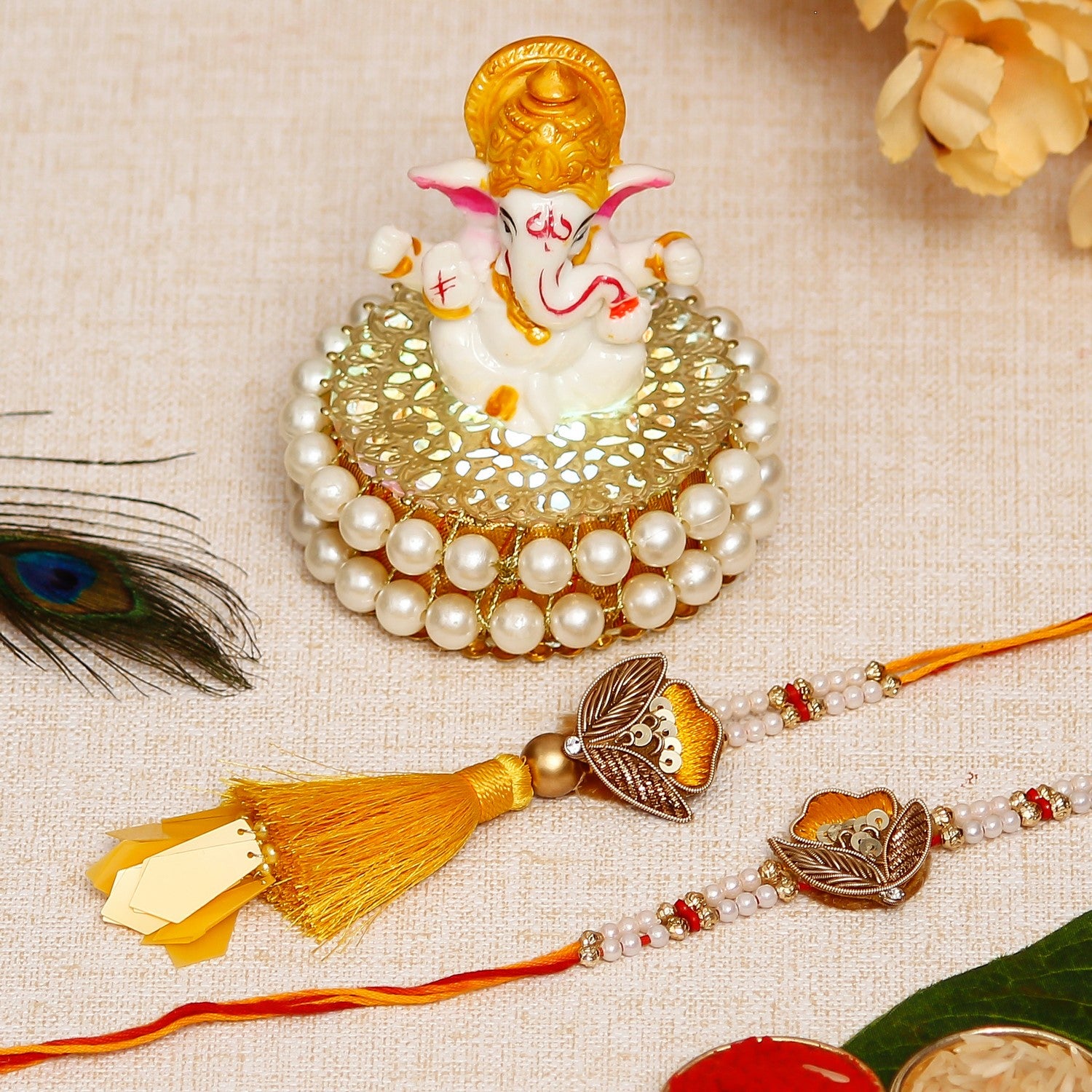 Designer Handcrafted Premium Bhaiya Bhabhi Rakhi with Lord Ganesha Idol on Decorative Handcrafted Plate for Home and Car and Roli Chawal Pack
