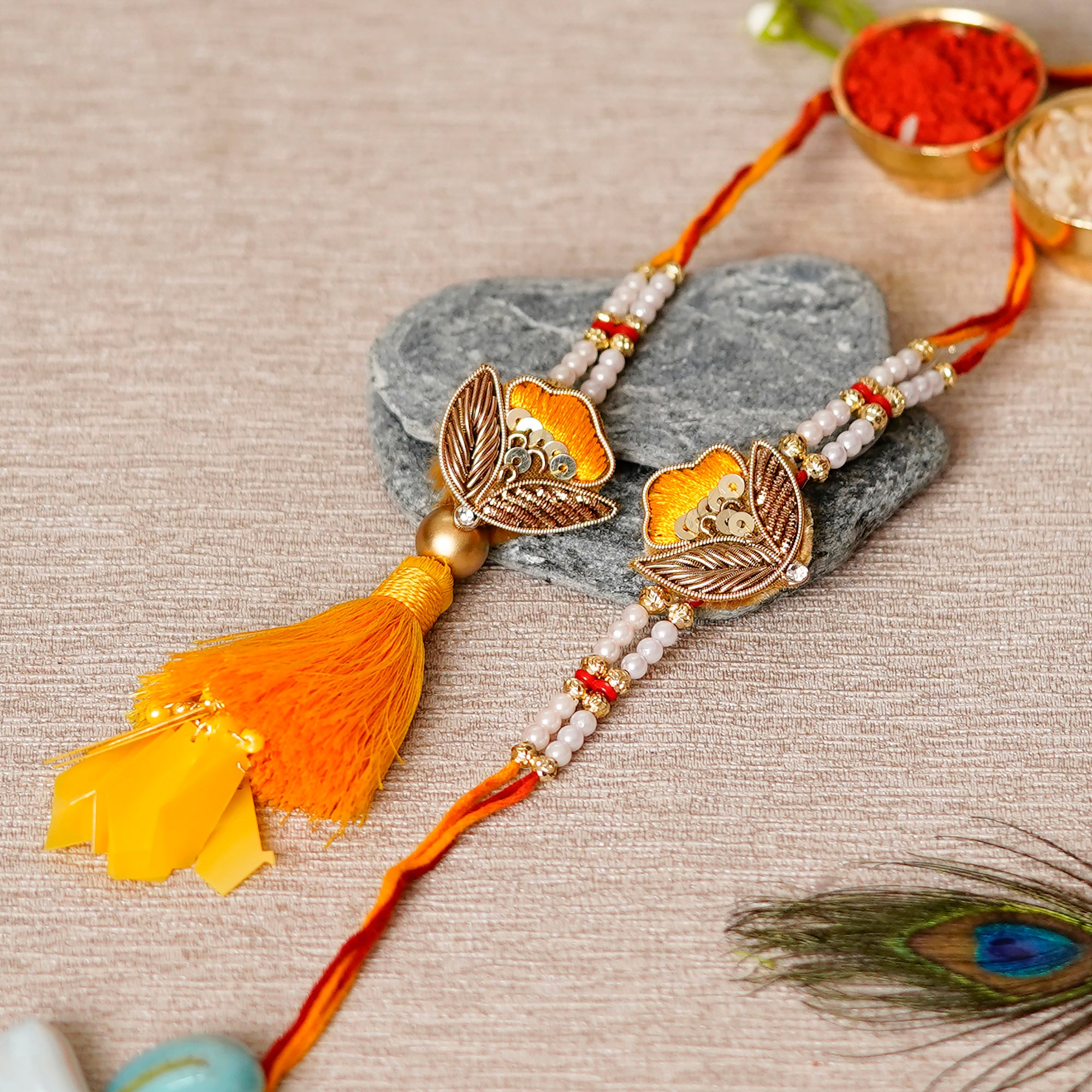 Designer Handcrafted Premium Bhaiya Bhabhi Rakhi with Lord Ganesha Idol on Decorative Handcrafted Plate for Home and Car and Roli Chawal Pack 1
