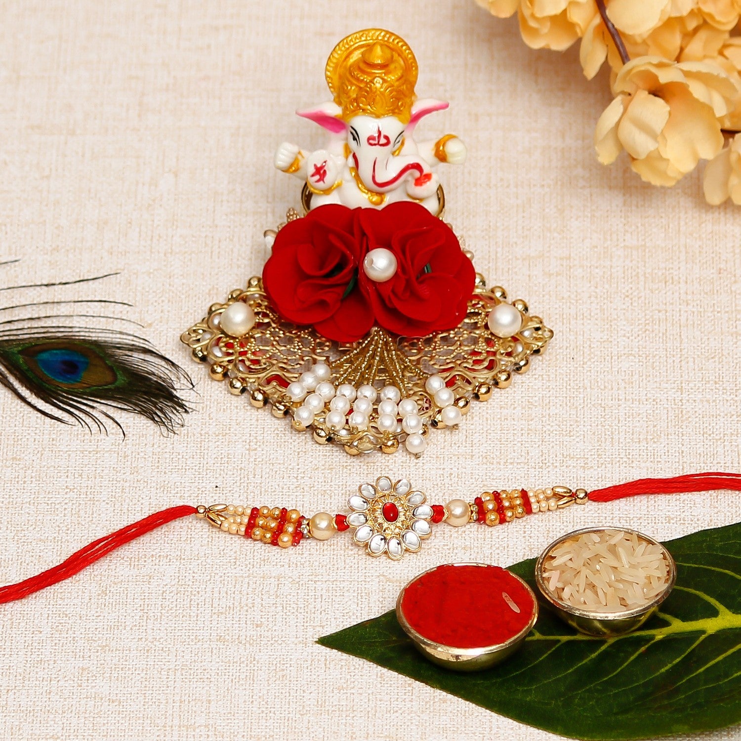 Desginer Rakhi with Lord Ganesha Idol on Decorative Plate for Car & Home and Roli Chawal Pack
