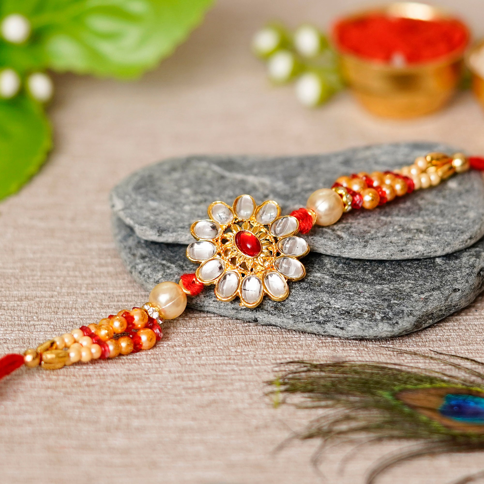 Desginer Rakhi with Lord Ganesha Idol on Decorative Plate for Car & Home and Roli Chawal Pack 1