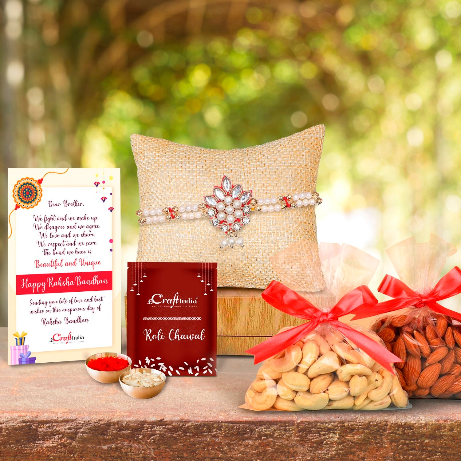 Desginer Rakhi with Badam and Cashew (200 gm each, total 400 gm) and Roli Chawal Pack, Best Wishes Greeting Card
