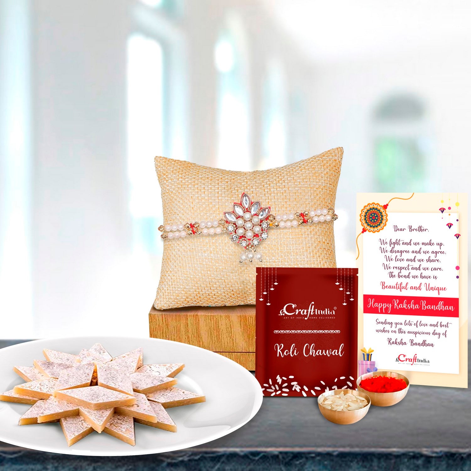 Desginer Rakhi with Kaju Katli (500 Gm) and Roli Chawal Pack, Best Wishes Greeting Card