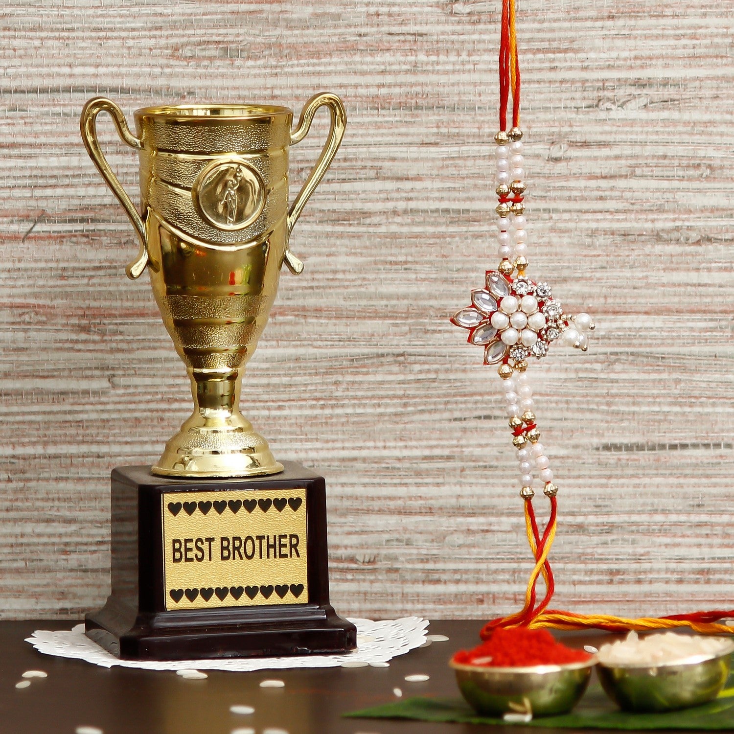 Desginer Rakhi with Best Brother Trophy and Roli Chawal Pack