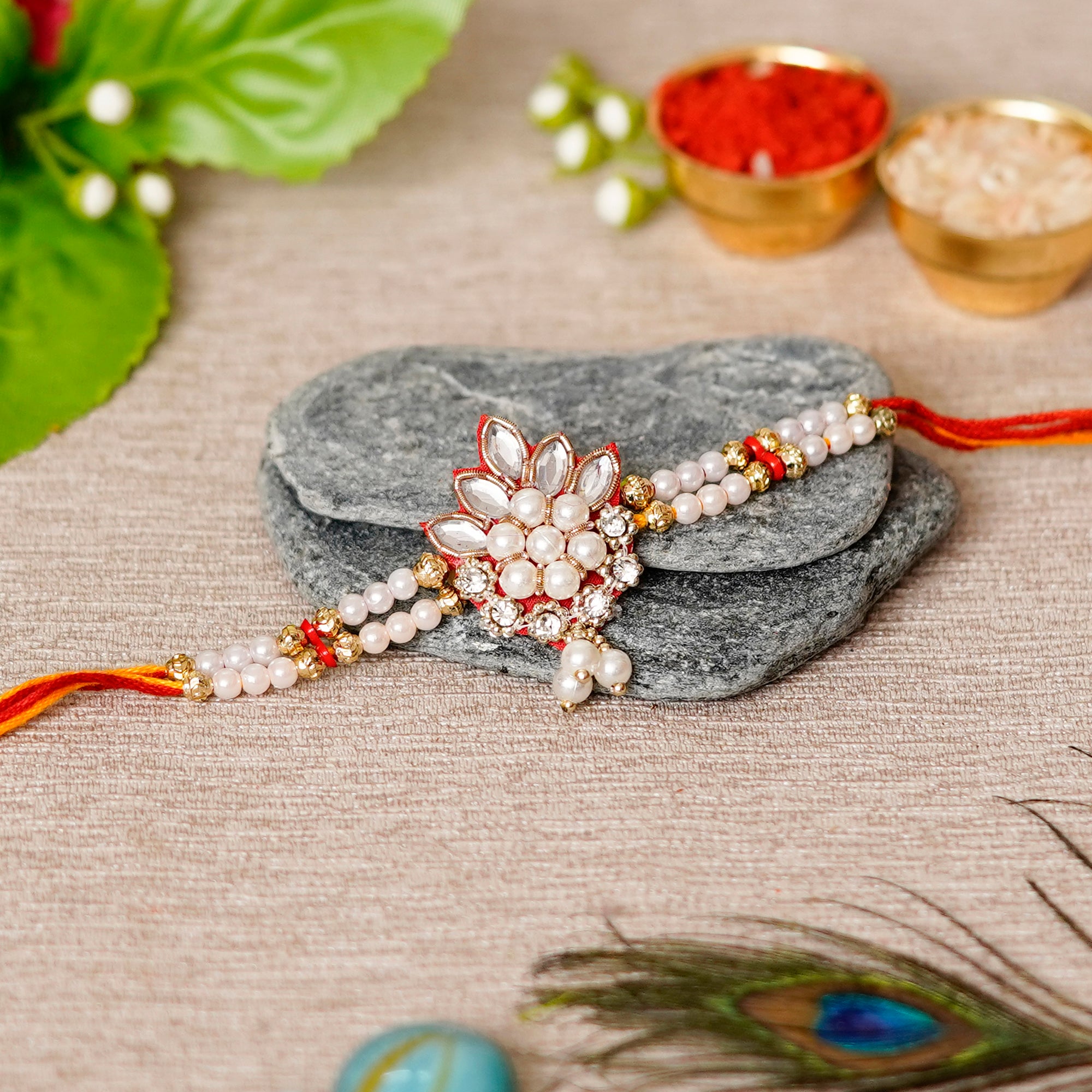 Desginer Rakhi with Badam and Cashew (200 gm each, total 400 gm) and Roli Chawal Pack, Best Wishes Greeting Card 1